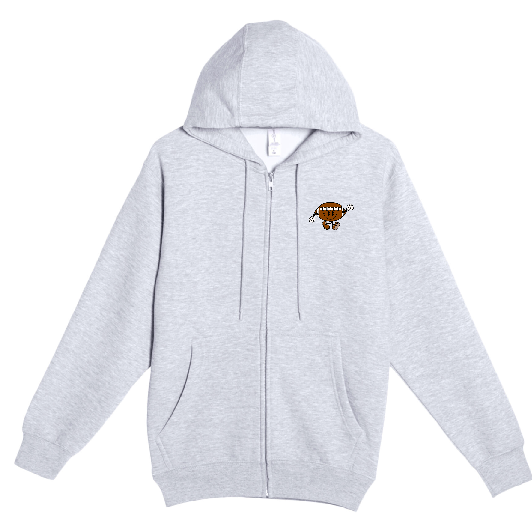 Light gray zip-up hoodie featuring a small football girl cartoon graphic on the chest, with a hood and front pockets.