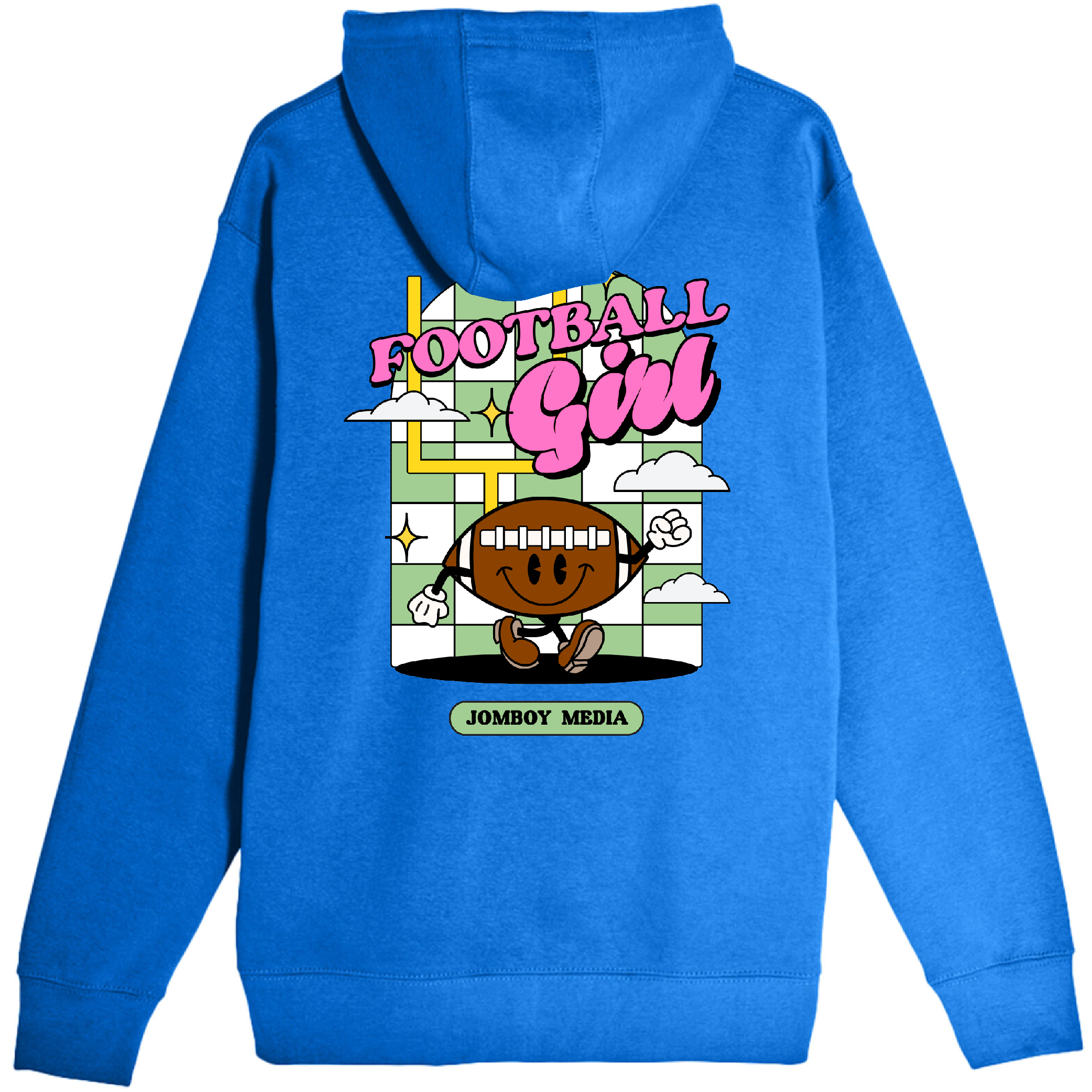 Blue zip-up hoodie featuring a colorful cartoon football girl graphic, clouds, and "Football Girl" text, with "Jomboy Media" label.