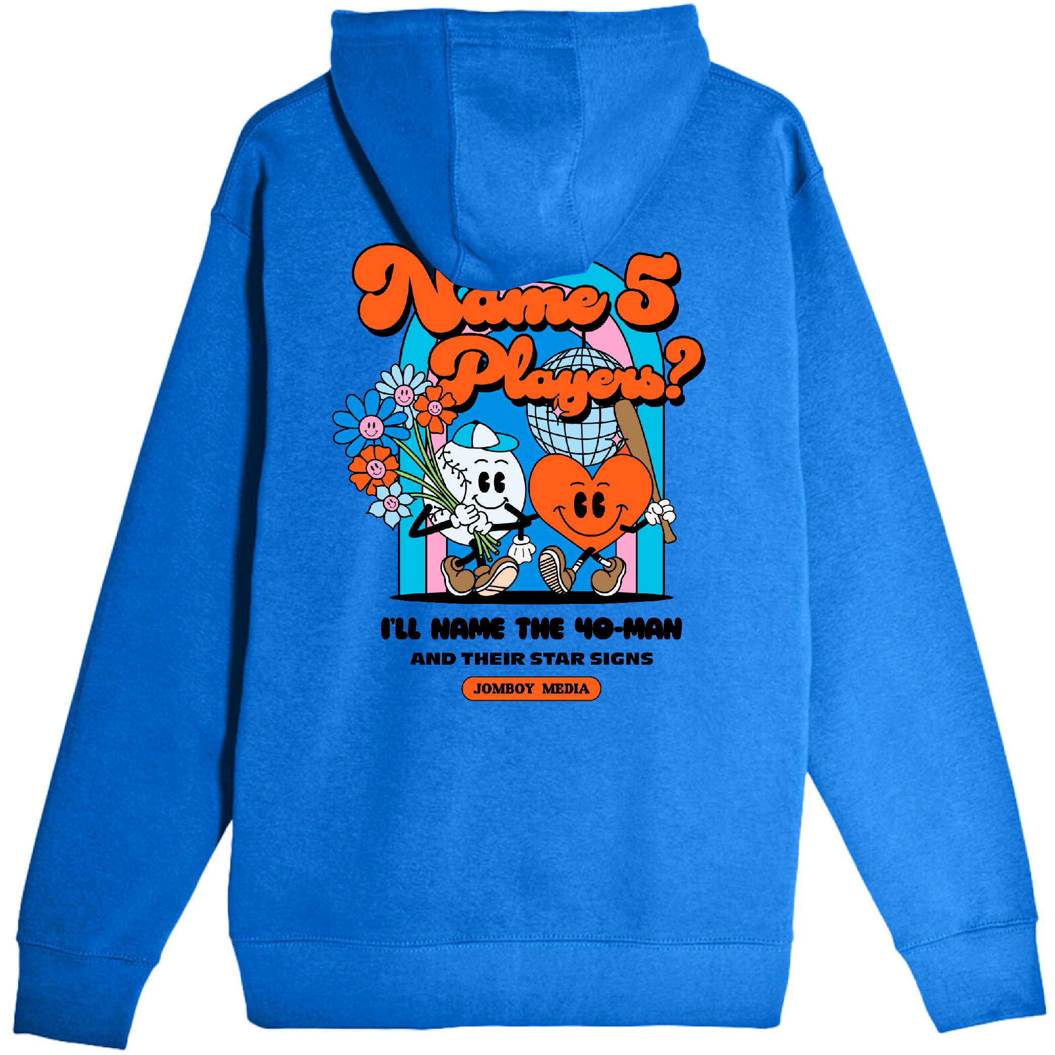 Blue zip-up hoodie featuring a colorful graphic of cartoon characters, flowers, and text reading "Name 5 Players?" and "I'll name the 40-man.