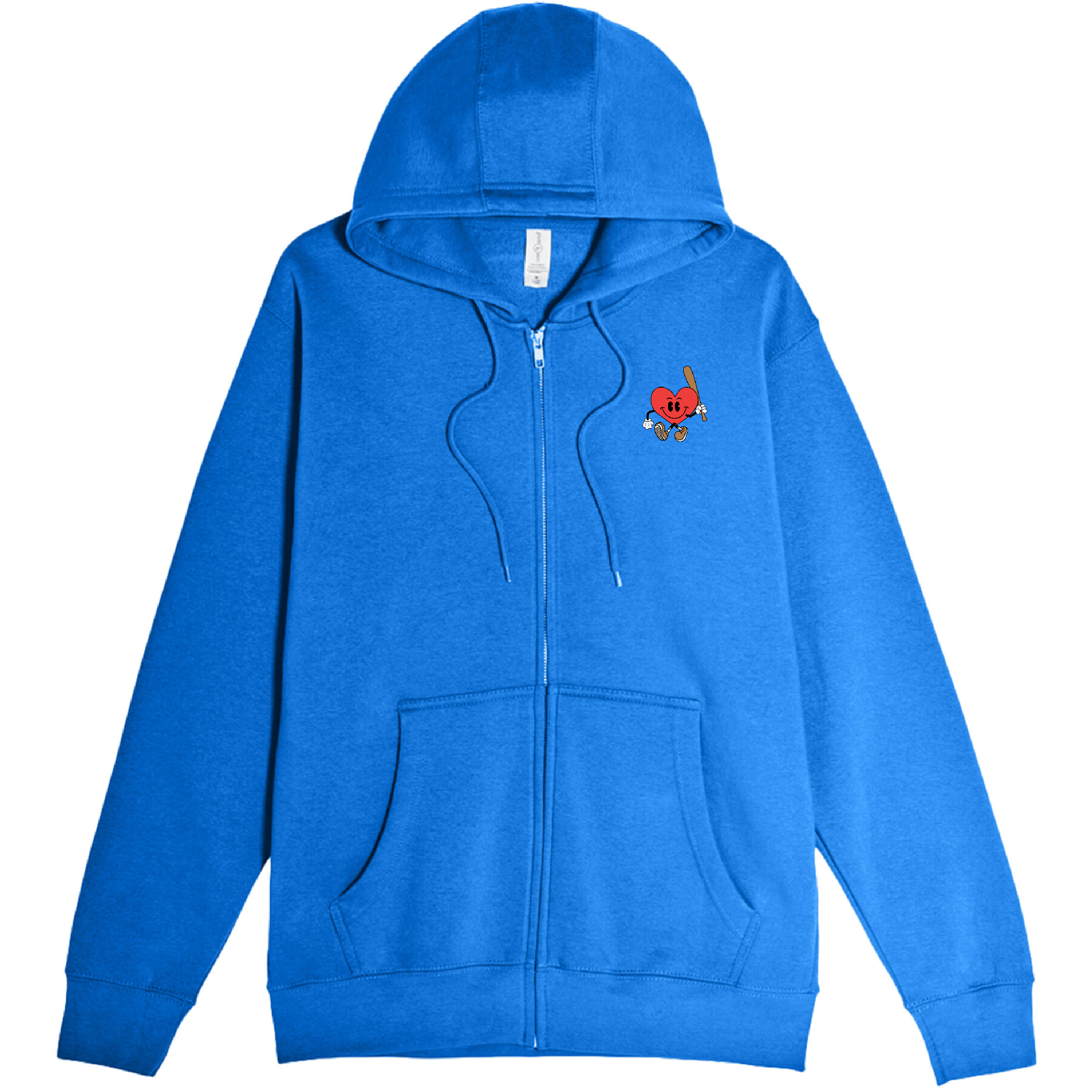 Blue zip-up hoodie with a small cherry character holding a baseball bat embroidered on the chest.