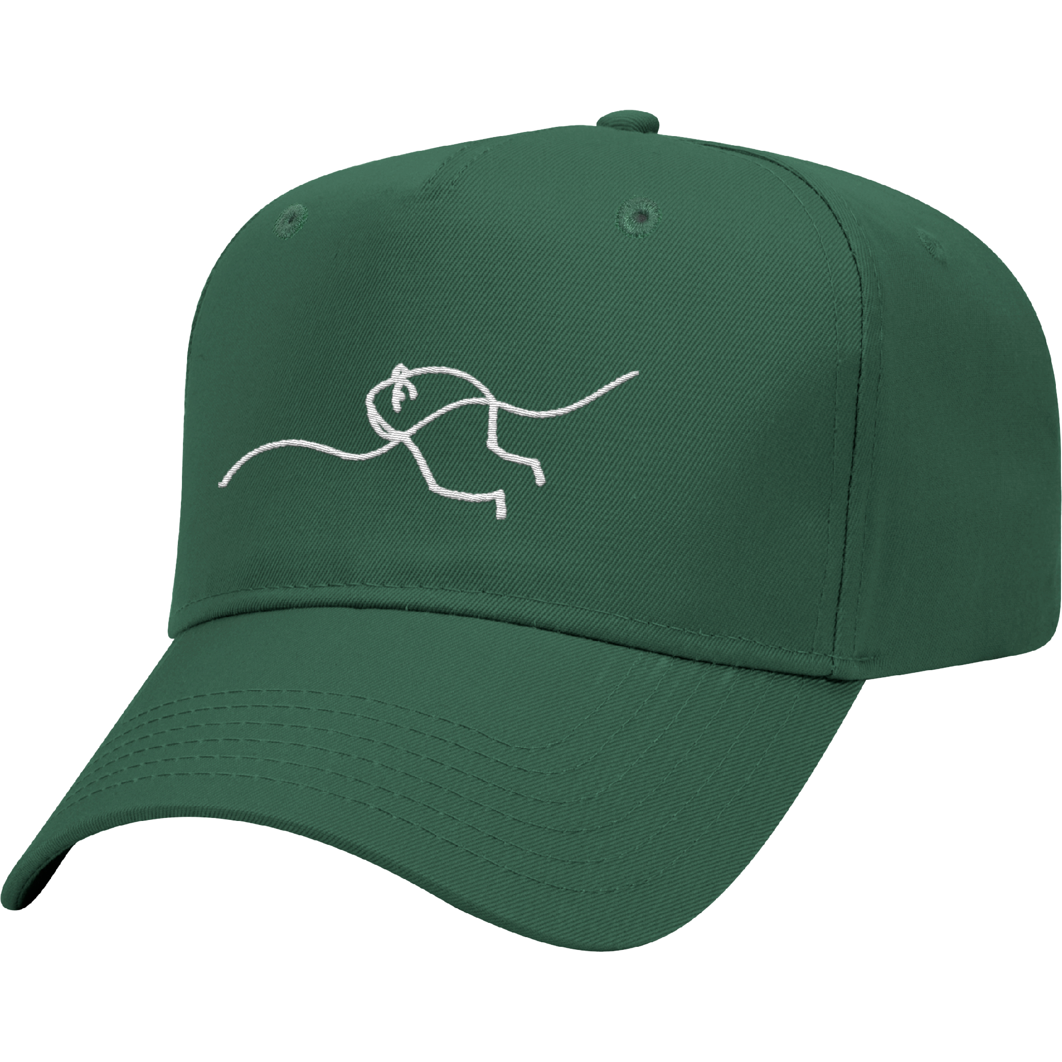 Green baseball cap with white embroidered outline of a man riding a horse, featuring a half-empty squiggle design.