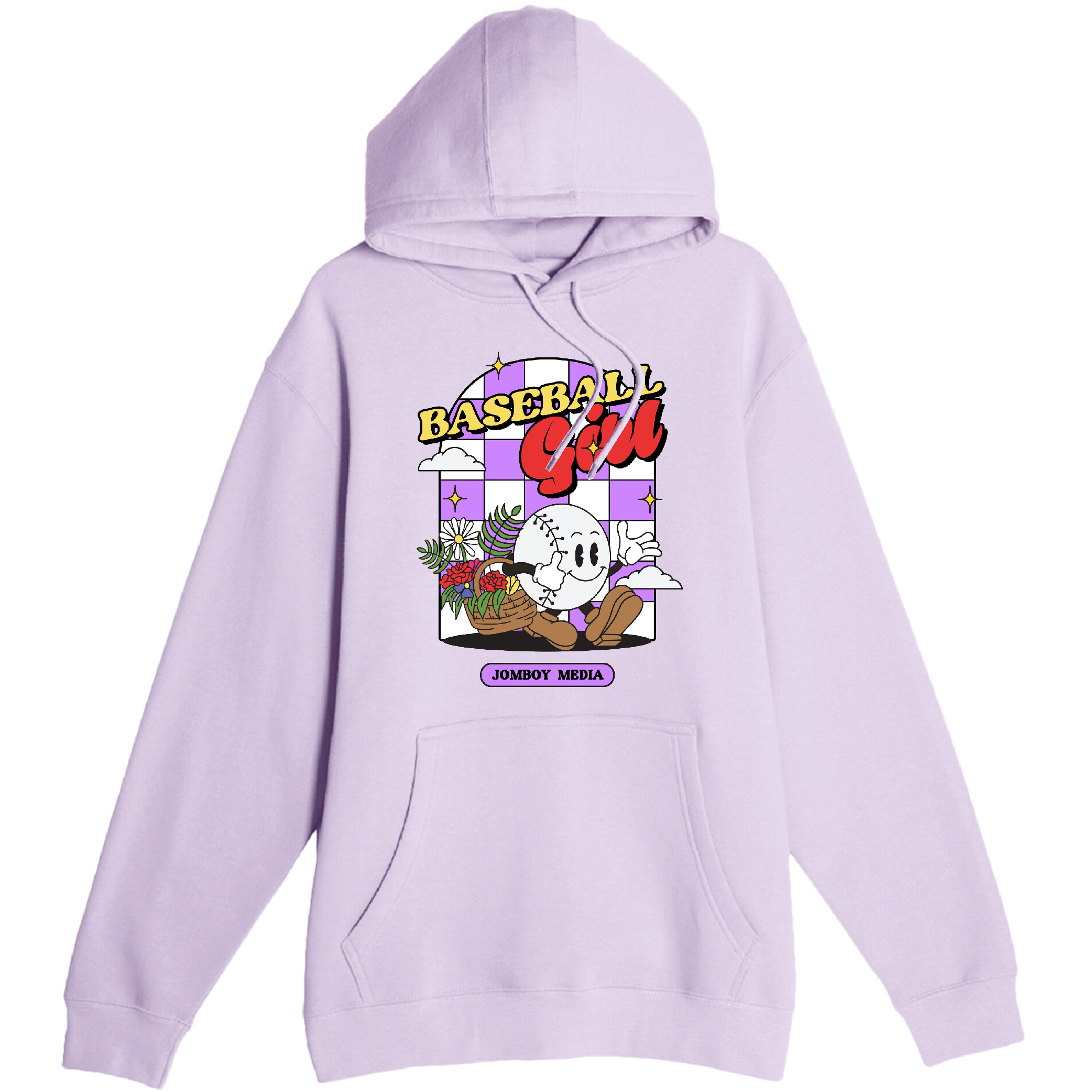 Lavender pullover hoodie featuring a colorful cartoon baseball girl graphic with flowers, clouds, and "Baseball Girl" text.