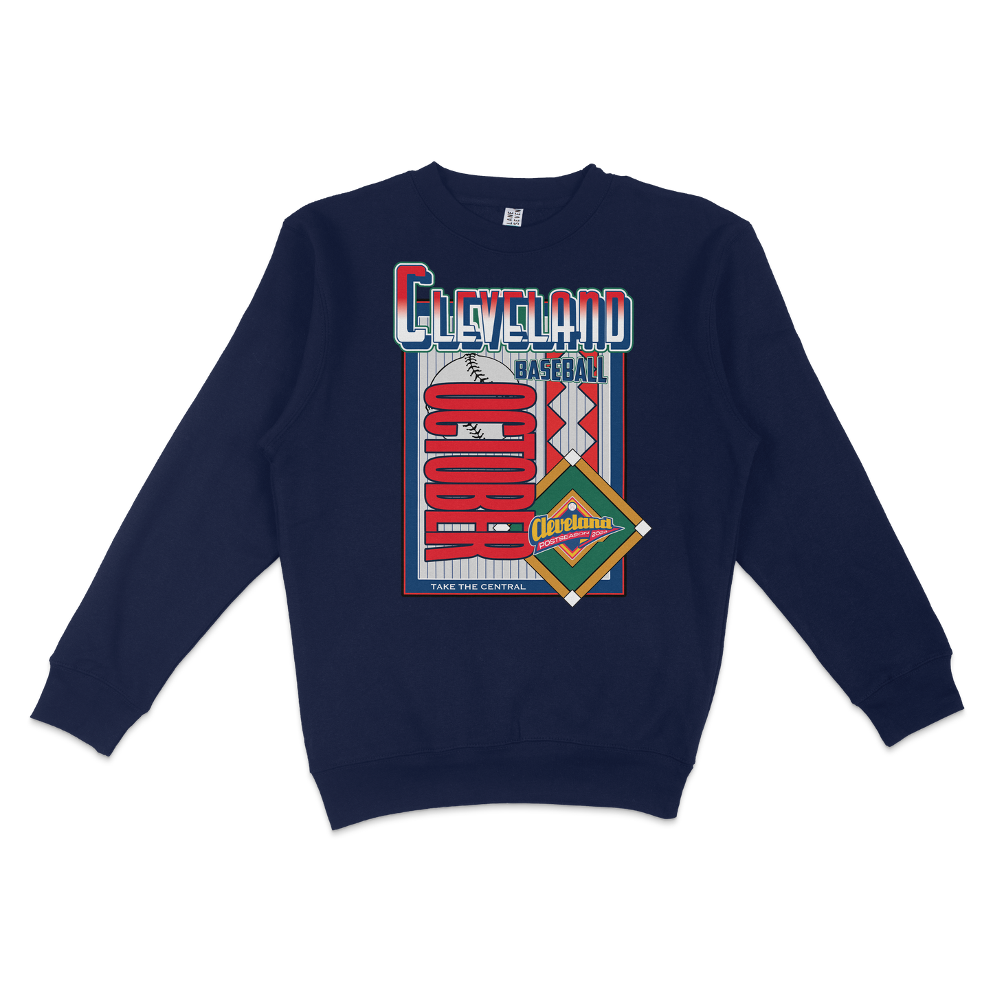 Navy blue Cleveland October crewneck sweatshirt featuring colorful baseball-themed graphics and text design.