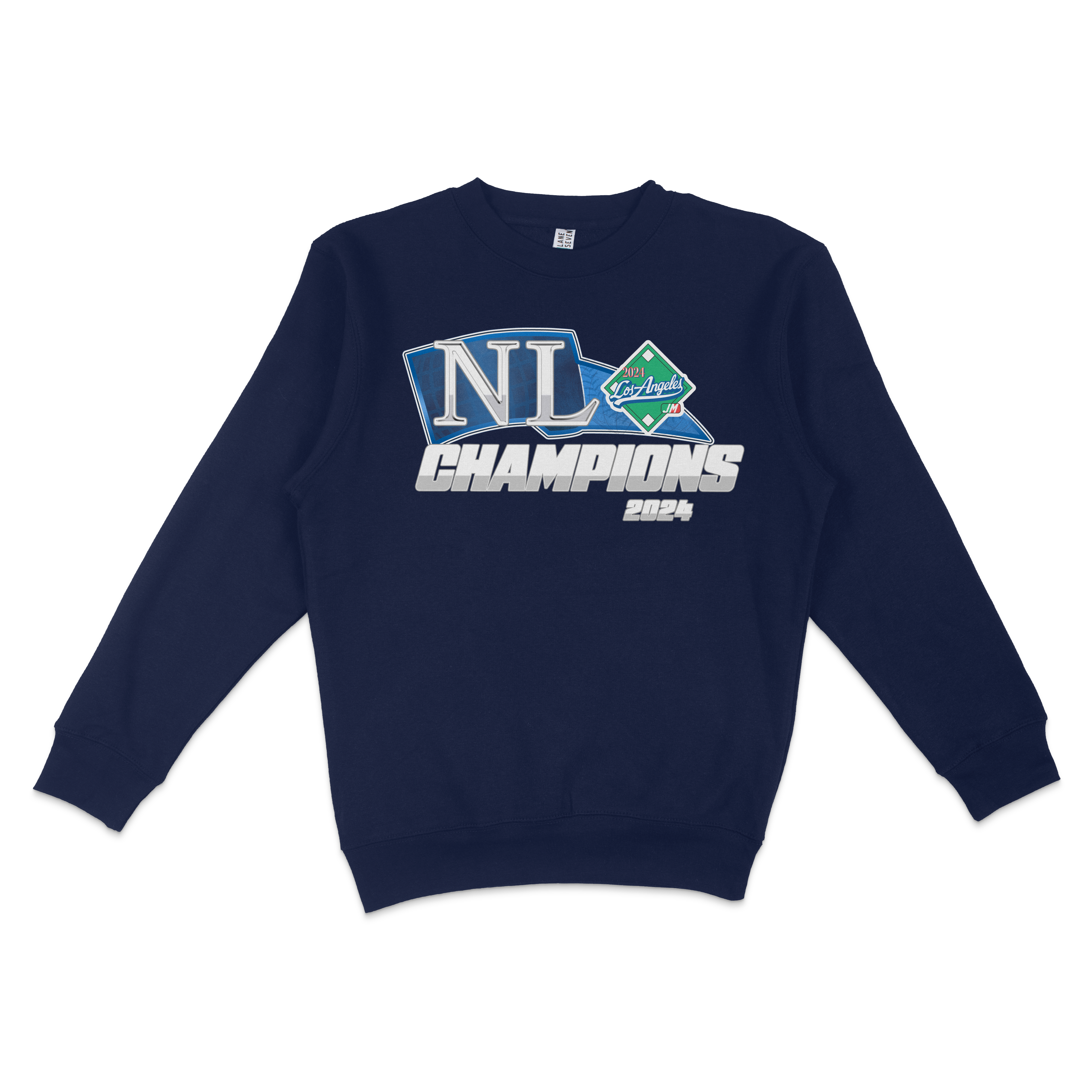 Navy blue crewneck sweatshirt with "NL CHAMPIONS 2024" and Los Angeles Dodgers graphics for the 2024 championship.