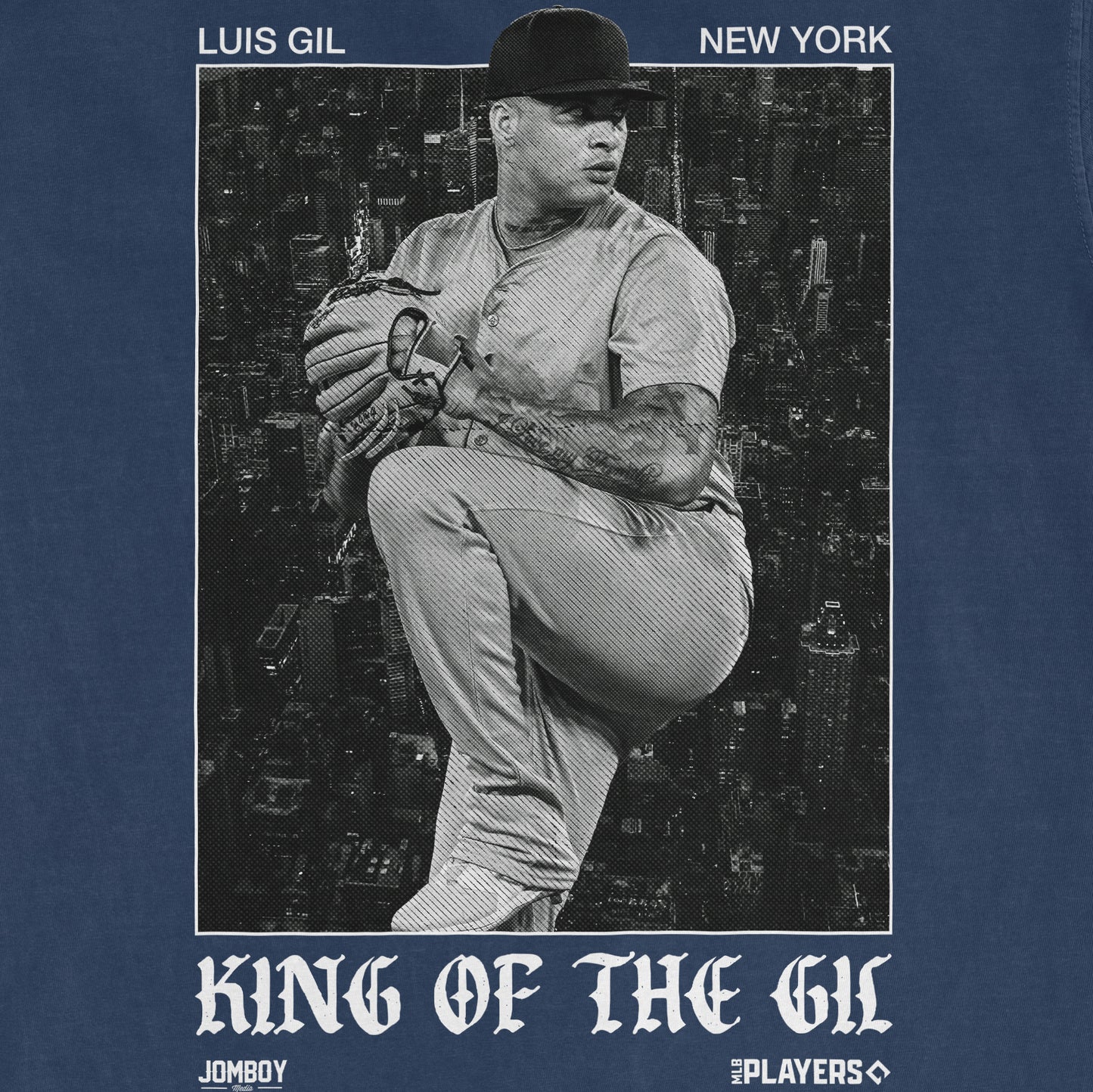 Black and white graphic of a baseball player with "KING OF THE GIL" text, on a Comfort Colors tee, with a cityscape background.