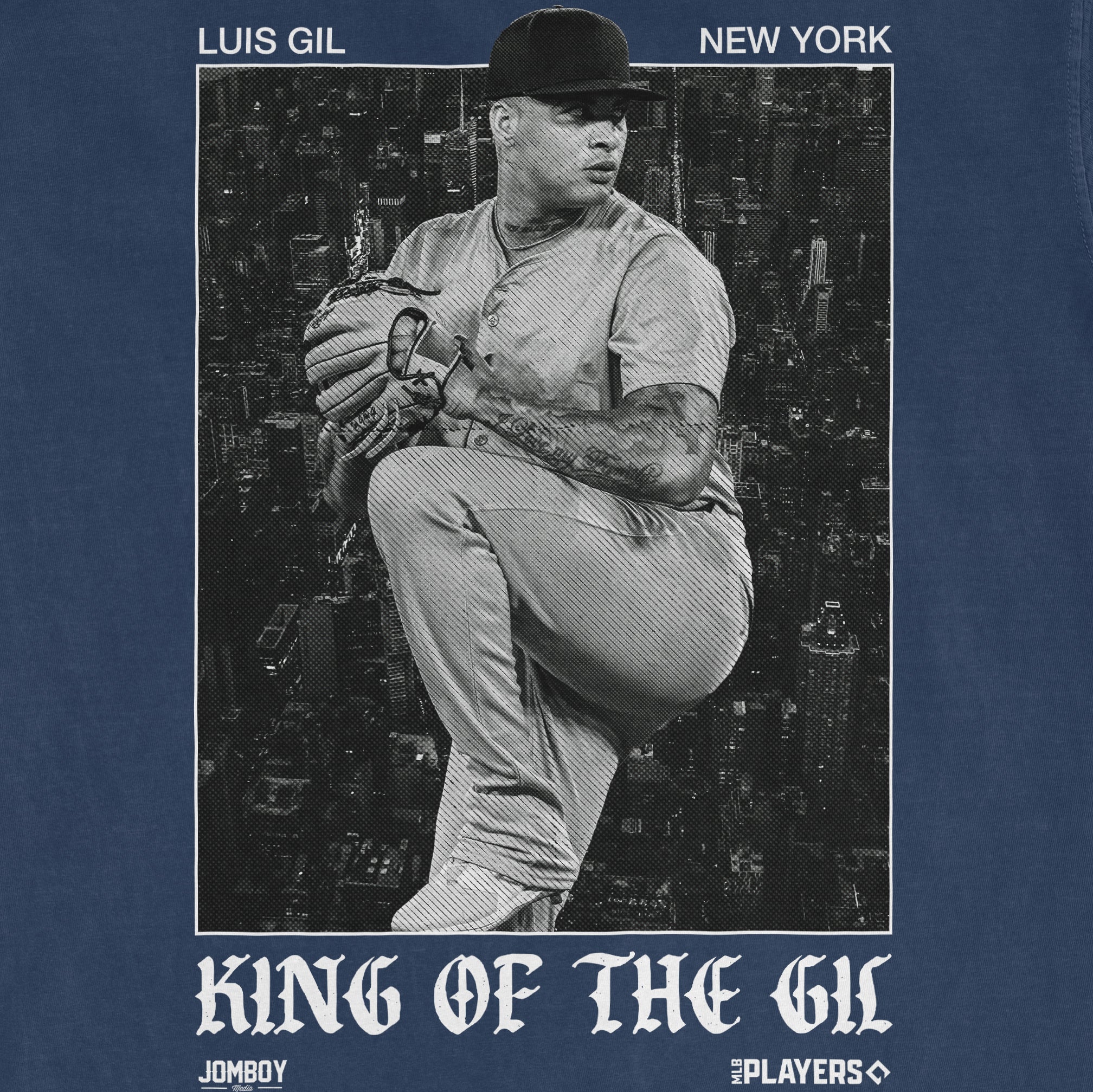 Black and white graphic of a baseball player with "KING OF THE GIL" text, on a Comfort Colors tee, with a cityscape background.