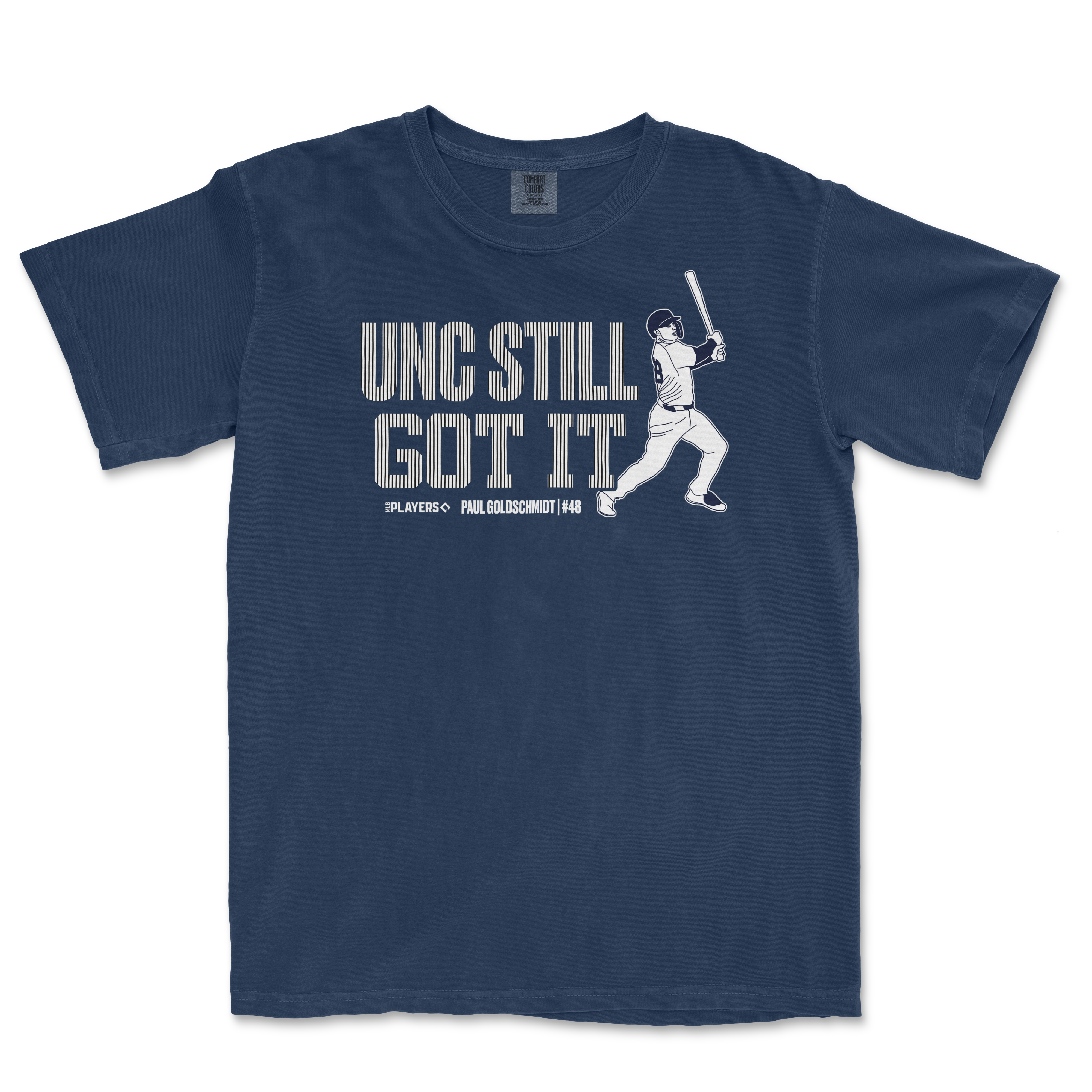 Navy blue t-shirt featuring the phrase "UNC Still Got It" and a graphic of a baseball player swinging a bat.