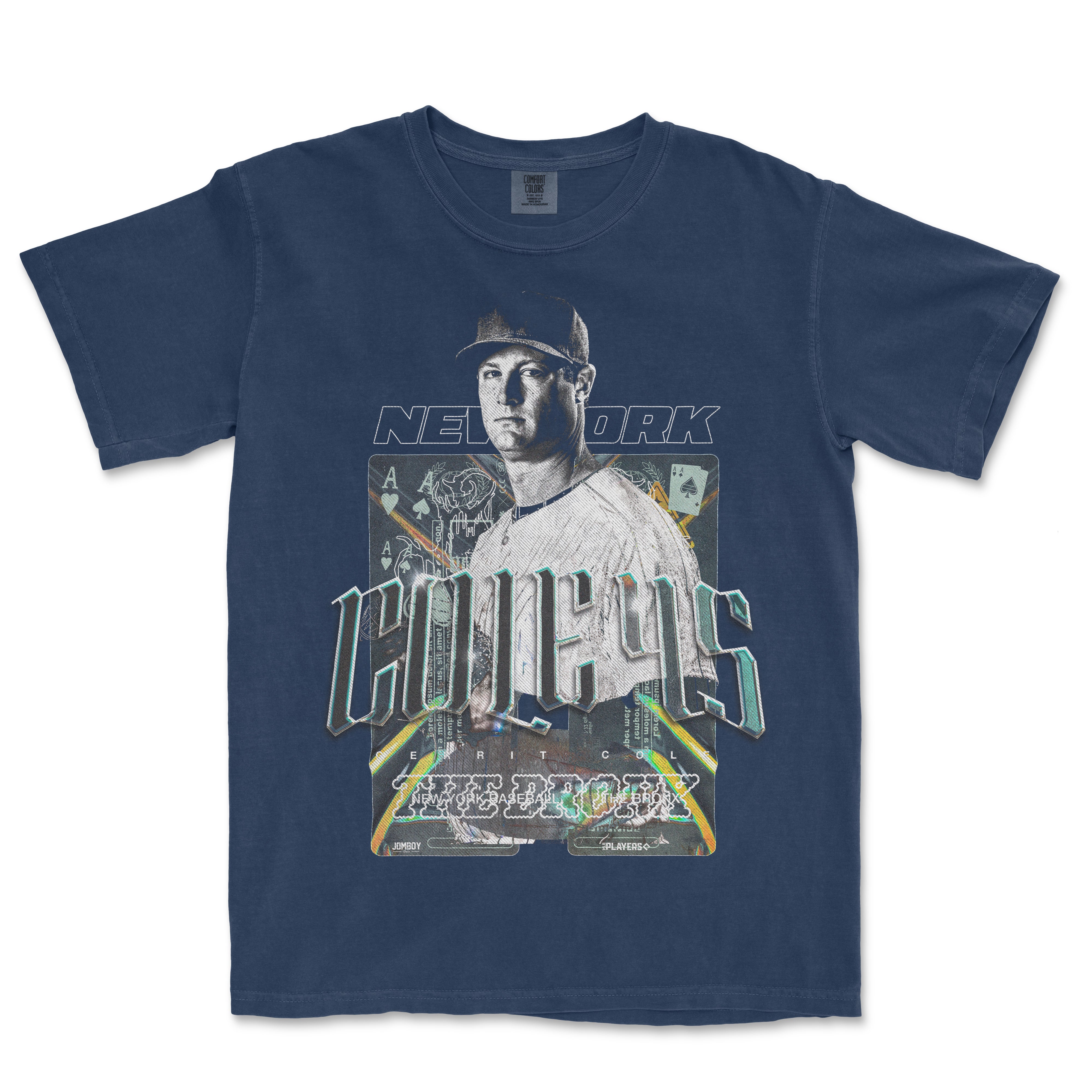 Blue Comfort Colors T-shirt featuring a graphic of a baseball player, "CHICAGO" text, and New York-themed design elements.