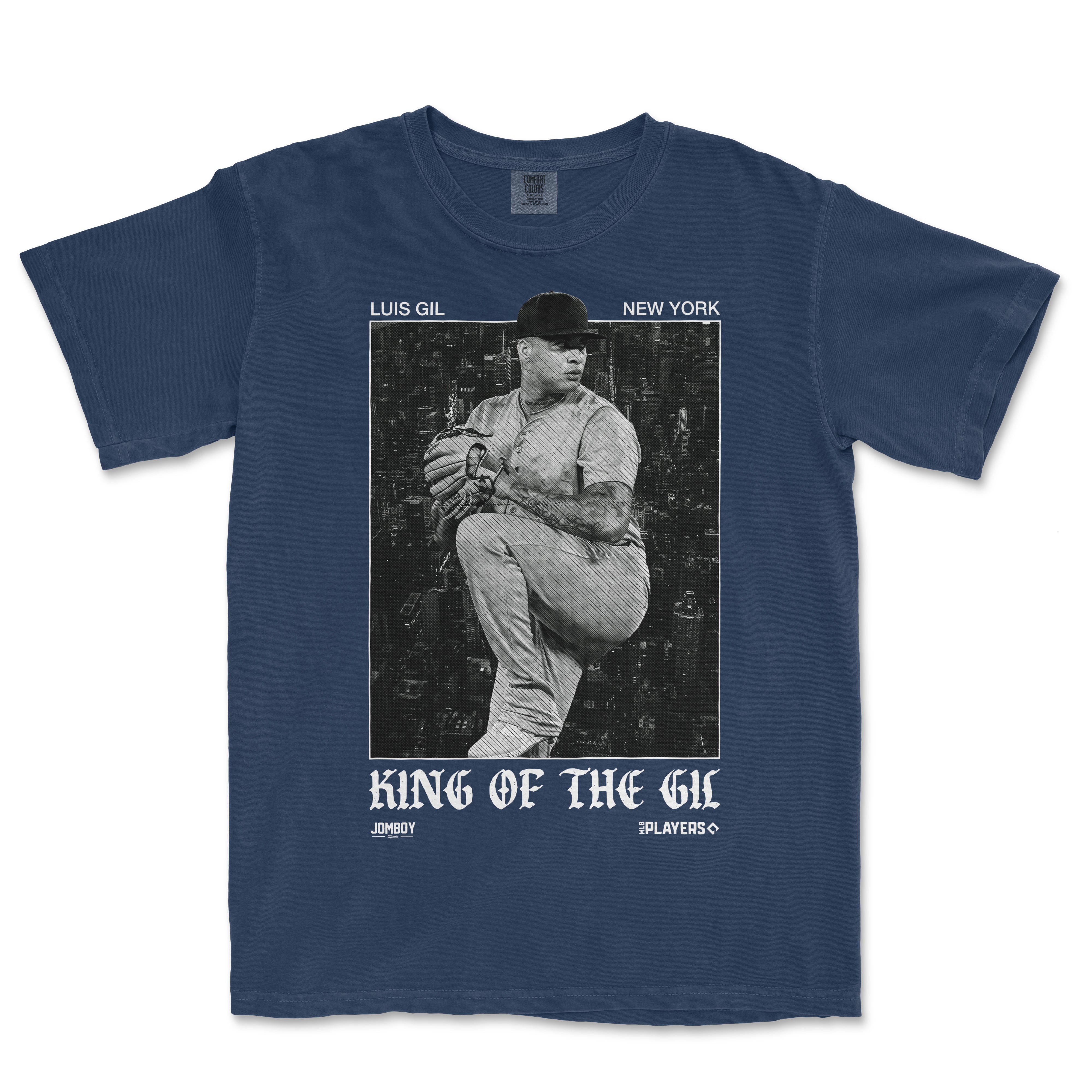 Blue Comfort Colors T-shirt featuring a black-and-white graphic of a baseball player in a pitching pose, with "KING OF THE GIL" text below.