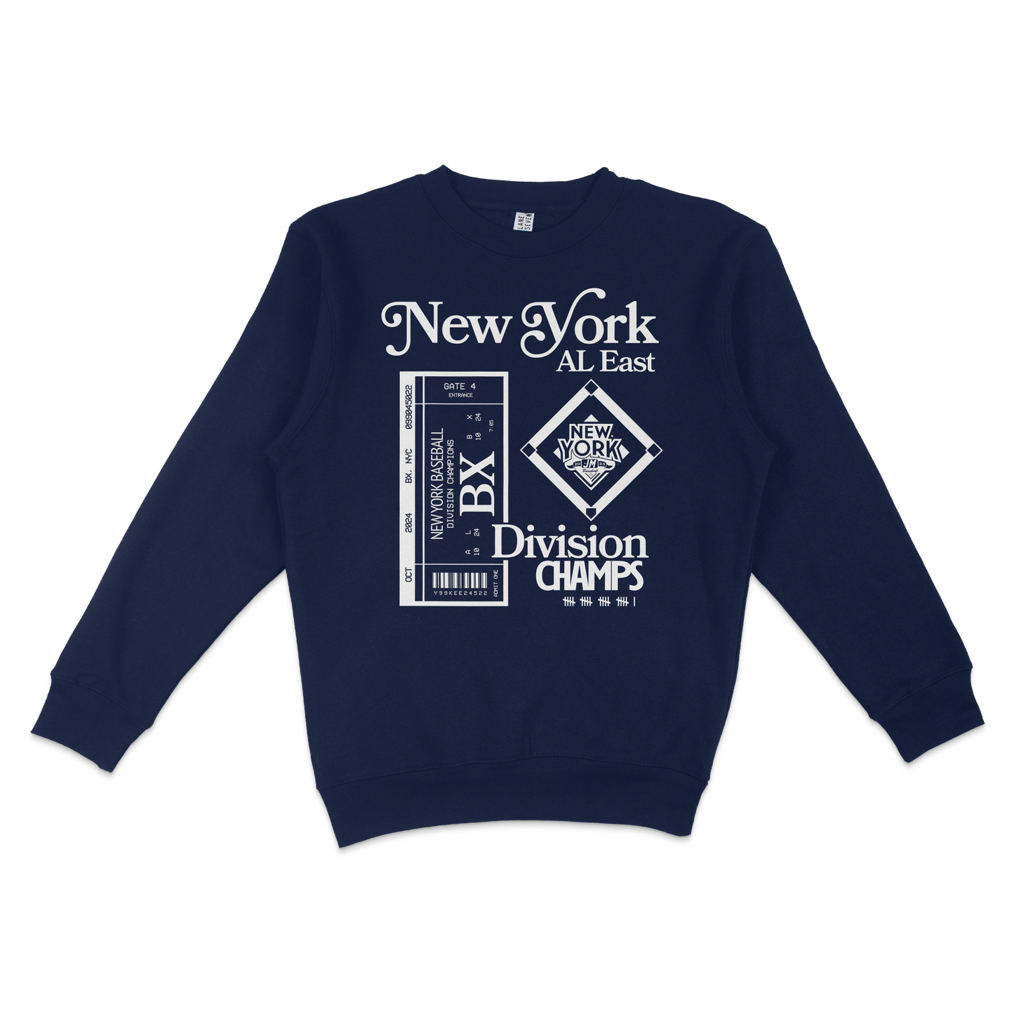 Navy crewneck sweatshirt featuring white graphic text and designs celebrating New York Yankees division champions.
