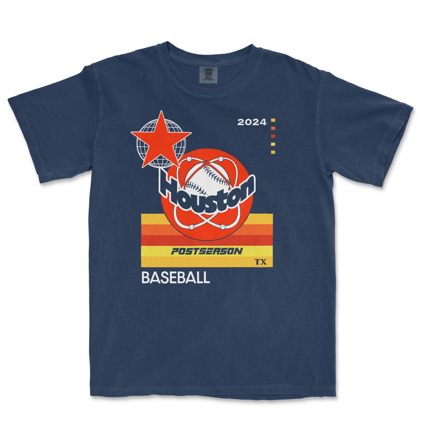 Comfort Colors Houston Astros October 2024 postseason baseball T-shirt in navy with team logo, star, and colorful stripes.