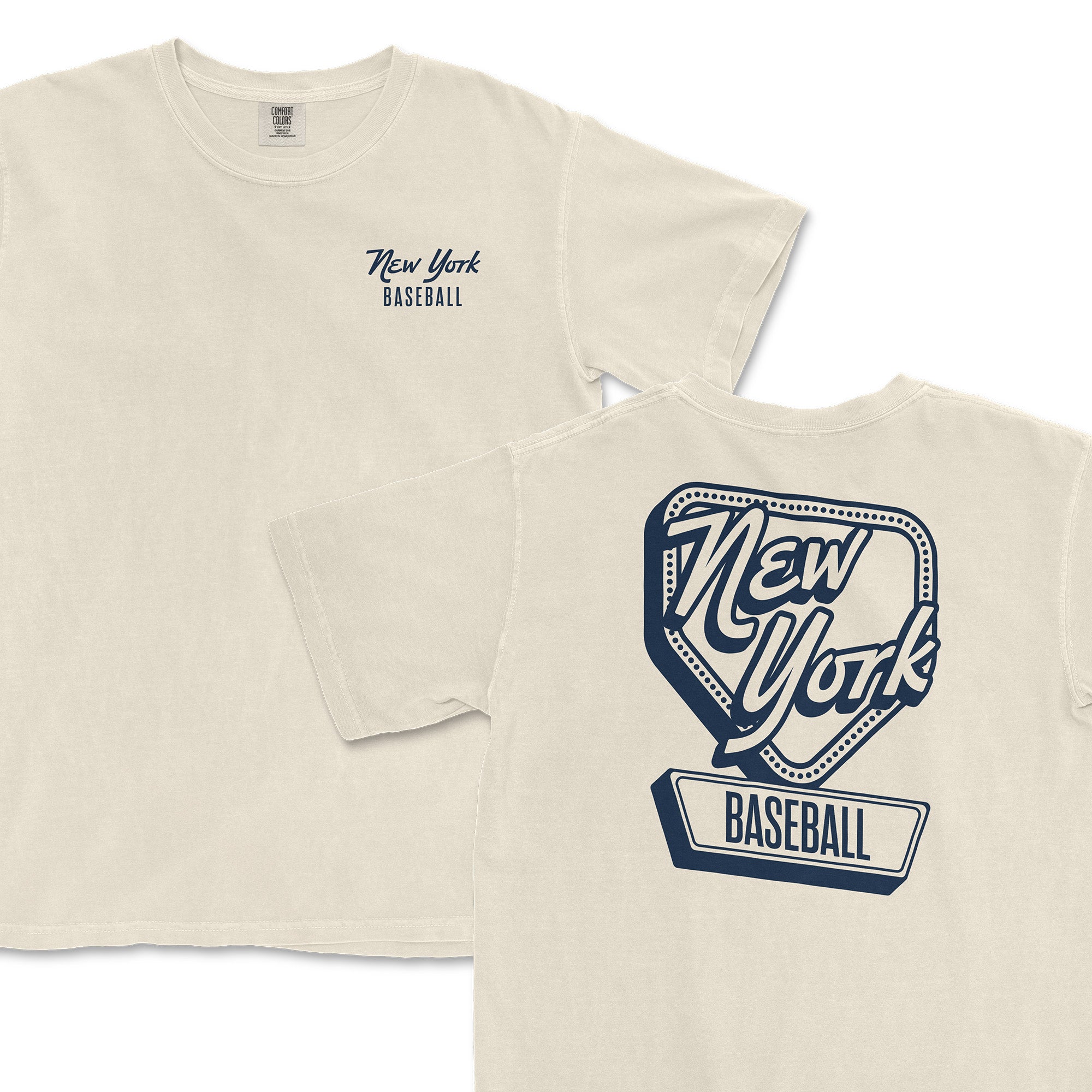 Cream-colored t-shirt featuring "New York Baseball" in navy on the front and a large graphic on the back.
