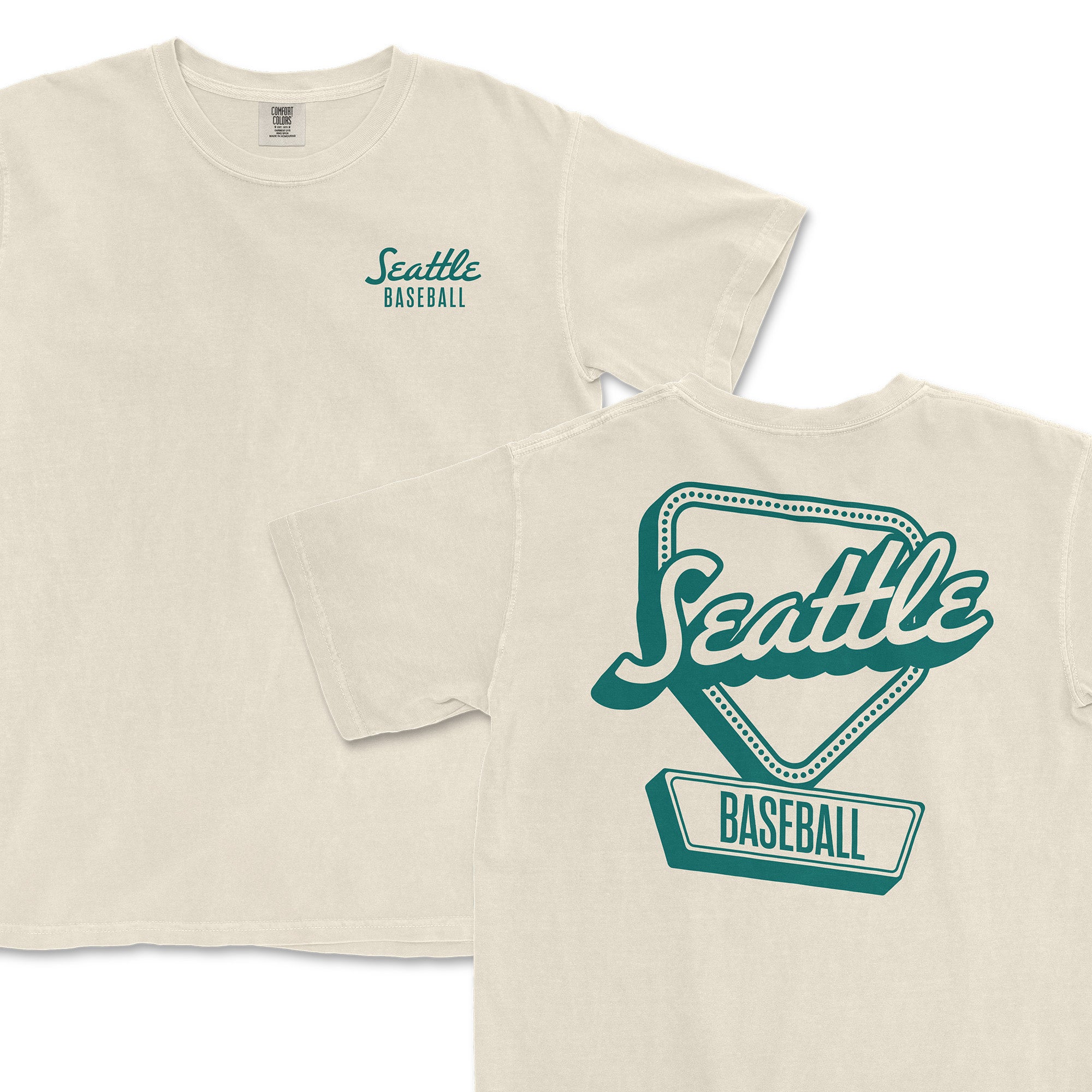 Cream-colored t-shirt featuring "Seattle Baseball" in retro font on the front and a graphic design on the back.