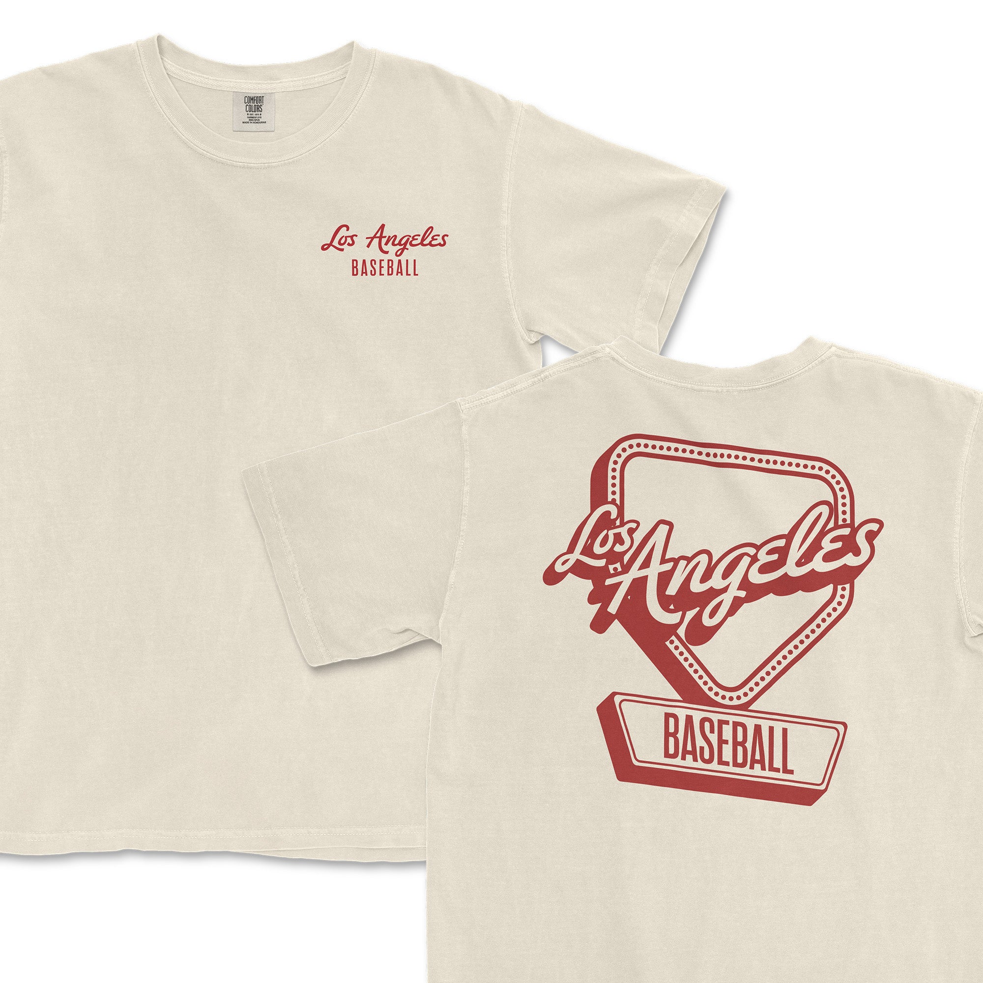 Cream-colored t-shirt featuring "Los Angeles Baseball" in red on the front and back, with a vintage sign design.