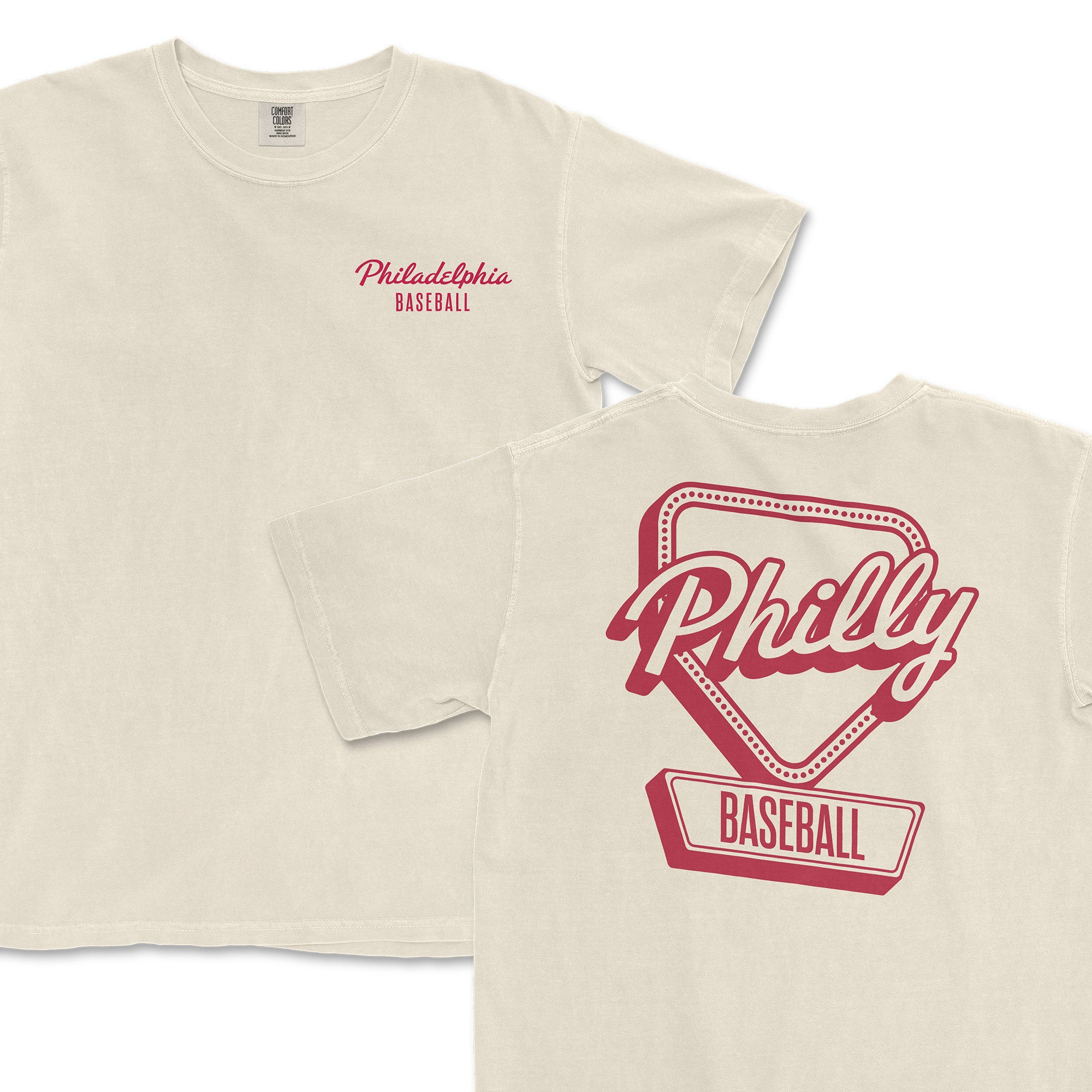 Cream-colored t-shirt featuring "Philadelphia Baseball" on the front and a large "Philly Baseball" graphic on the back.