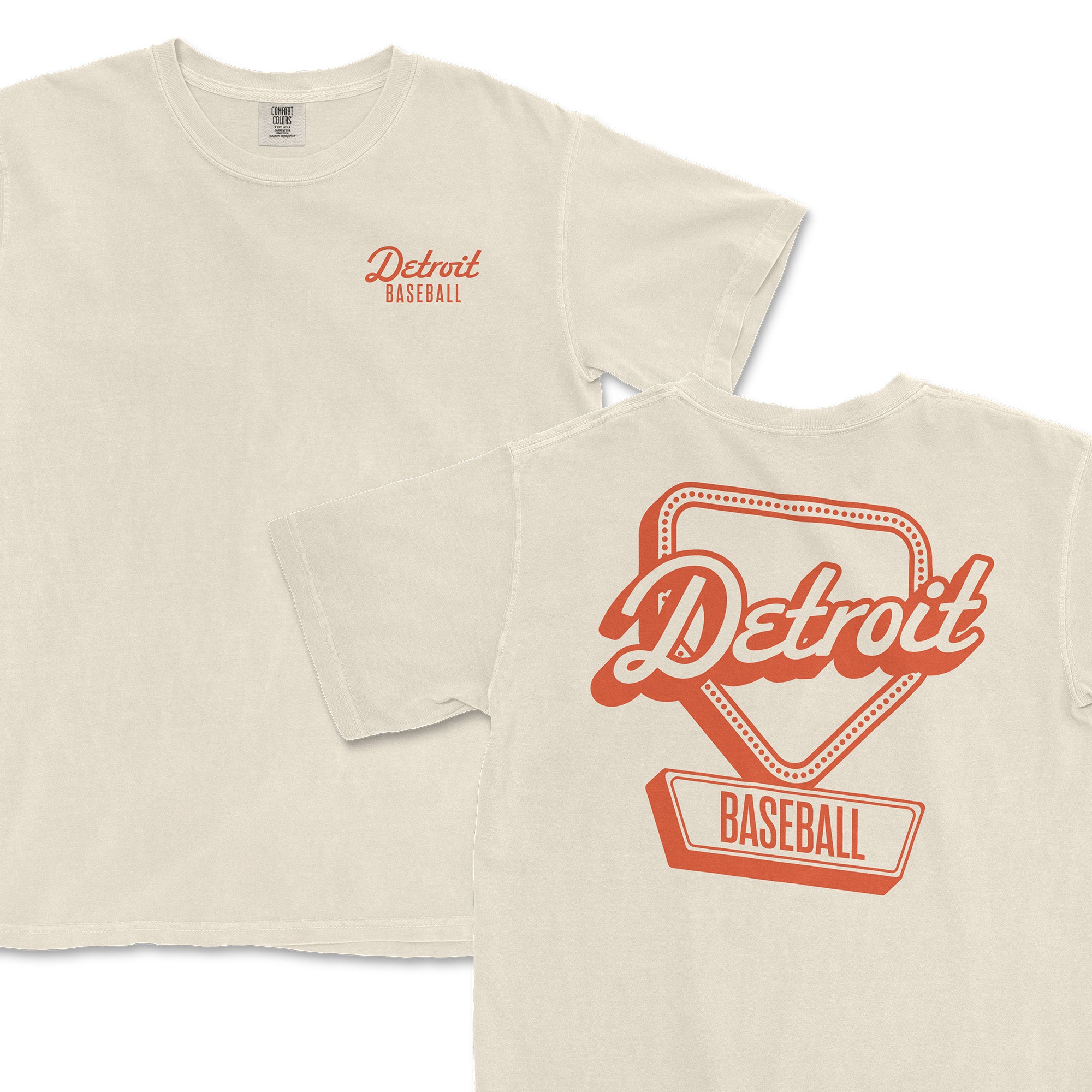 Cream-colored t-shirt featuring "Detroit Baseball" in orange on the front and a large graphic on the back.