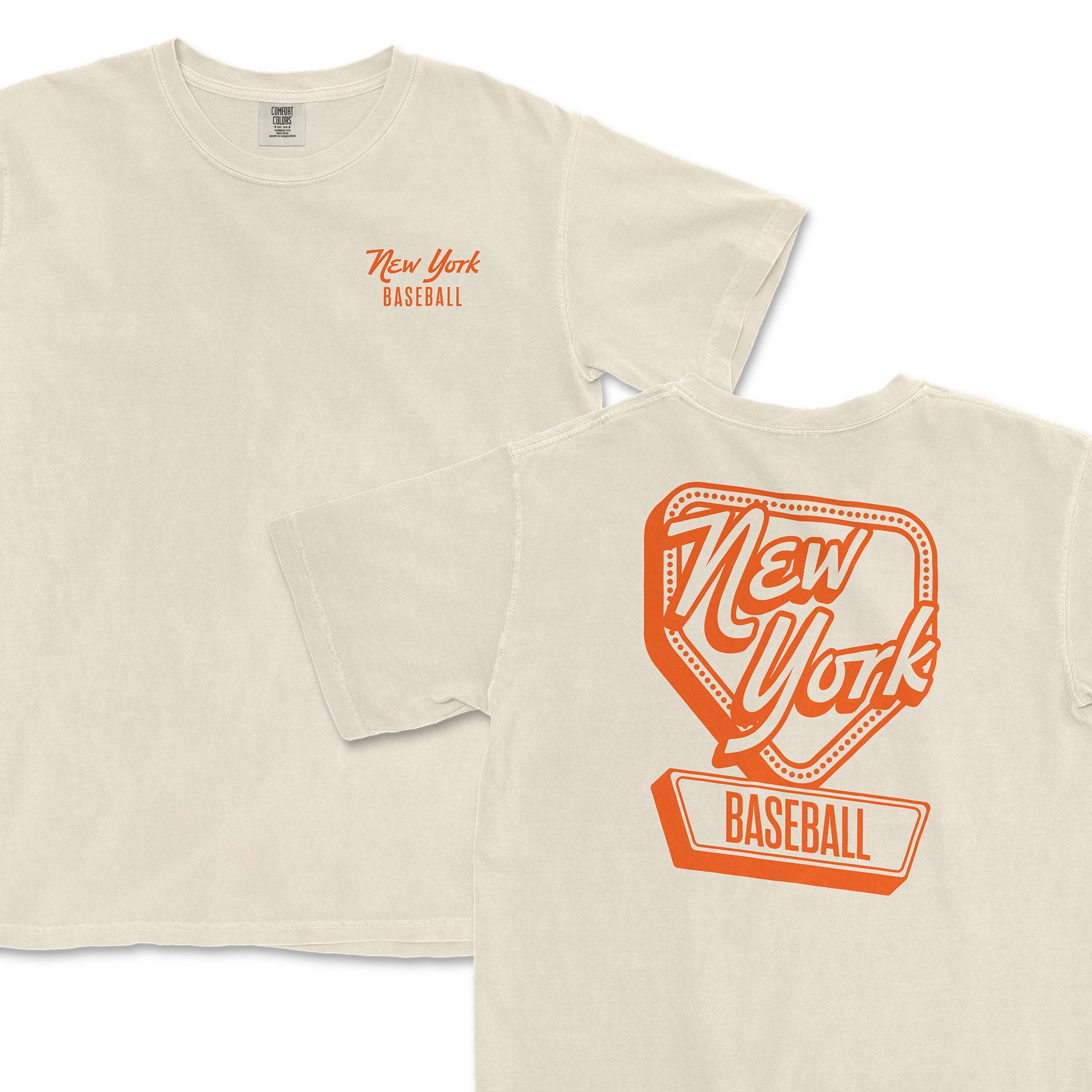 Cream-colored t-shirt featuring "New York Baseball" in orange on the front and back, part of the See the Signs Collection.