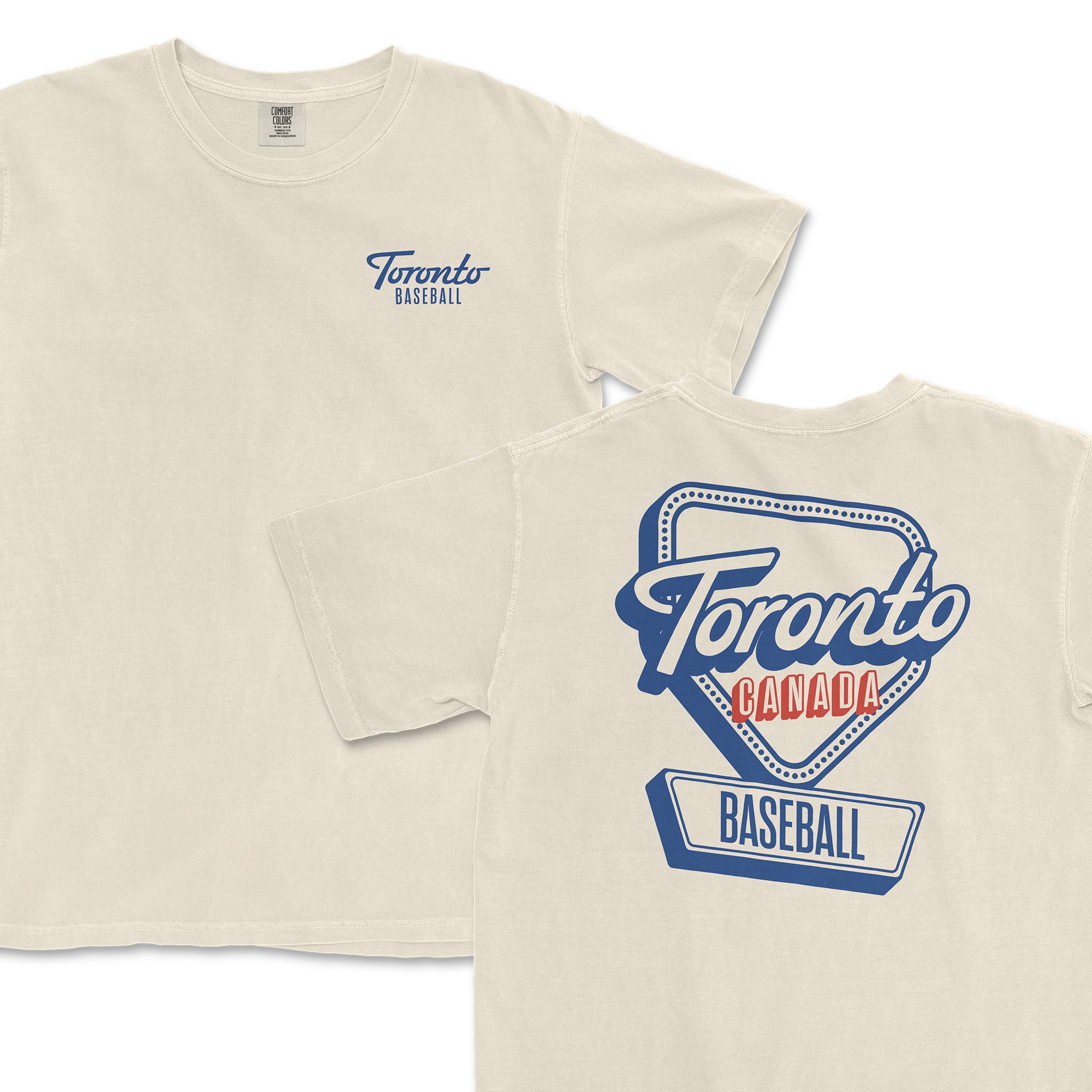 Cream-colored t-shirt featuring "Toronto Baseball" in blue and red, with a vintage sign design on the back.
