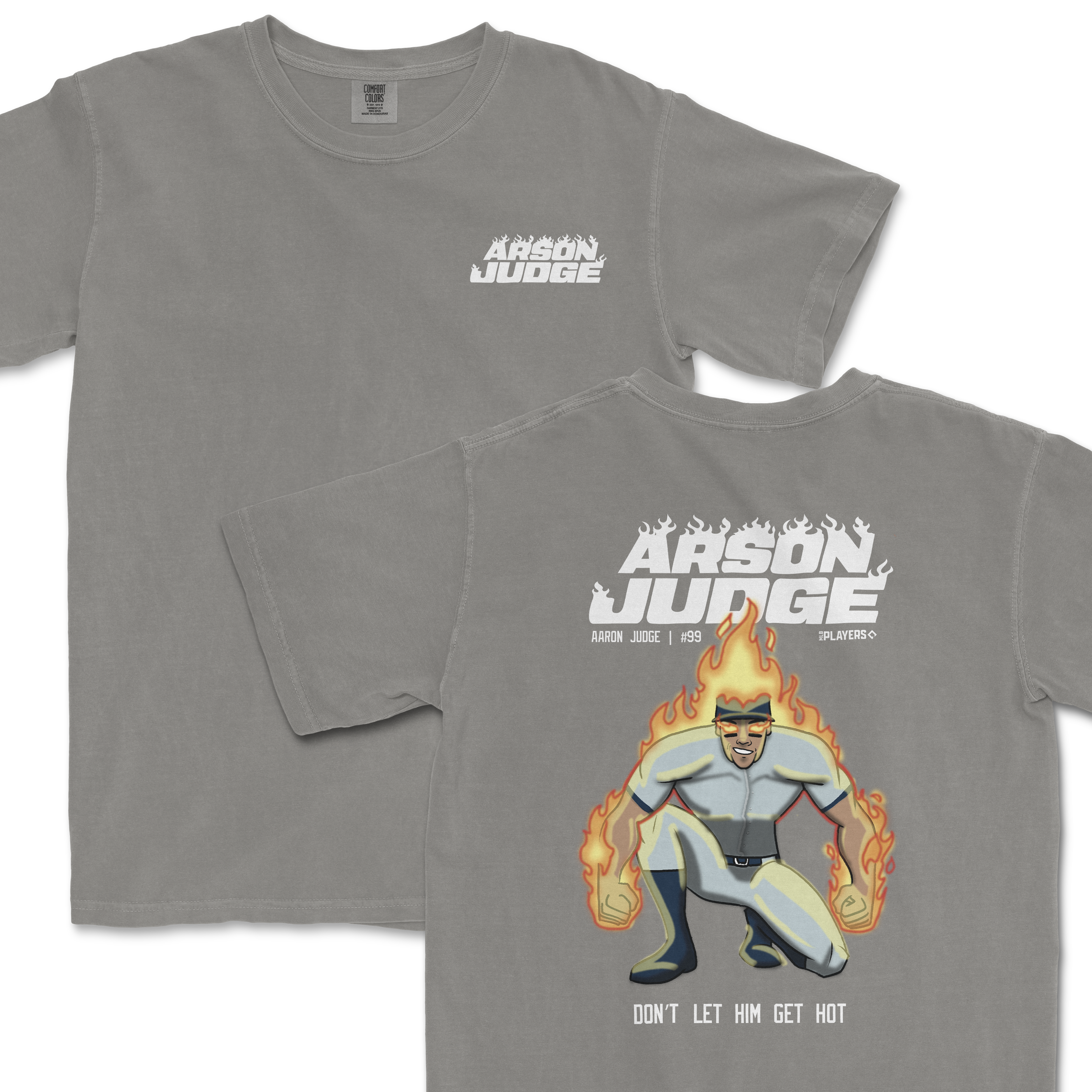 Gray t-shirt featuring a graphic of a superhero with flames and text "Arson Judge" on the front and back.