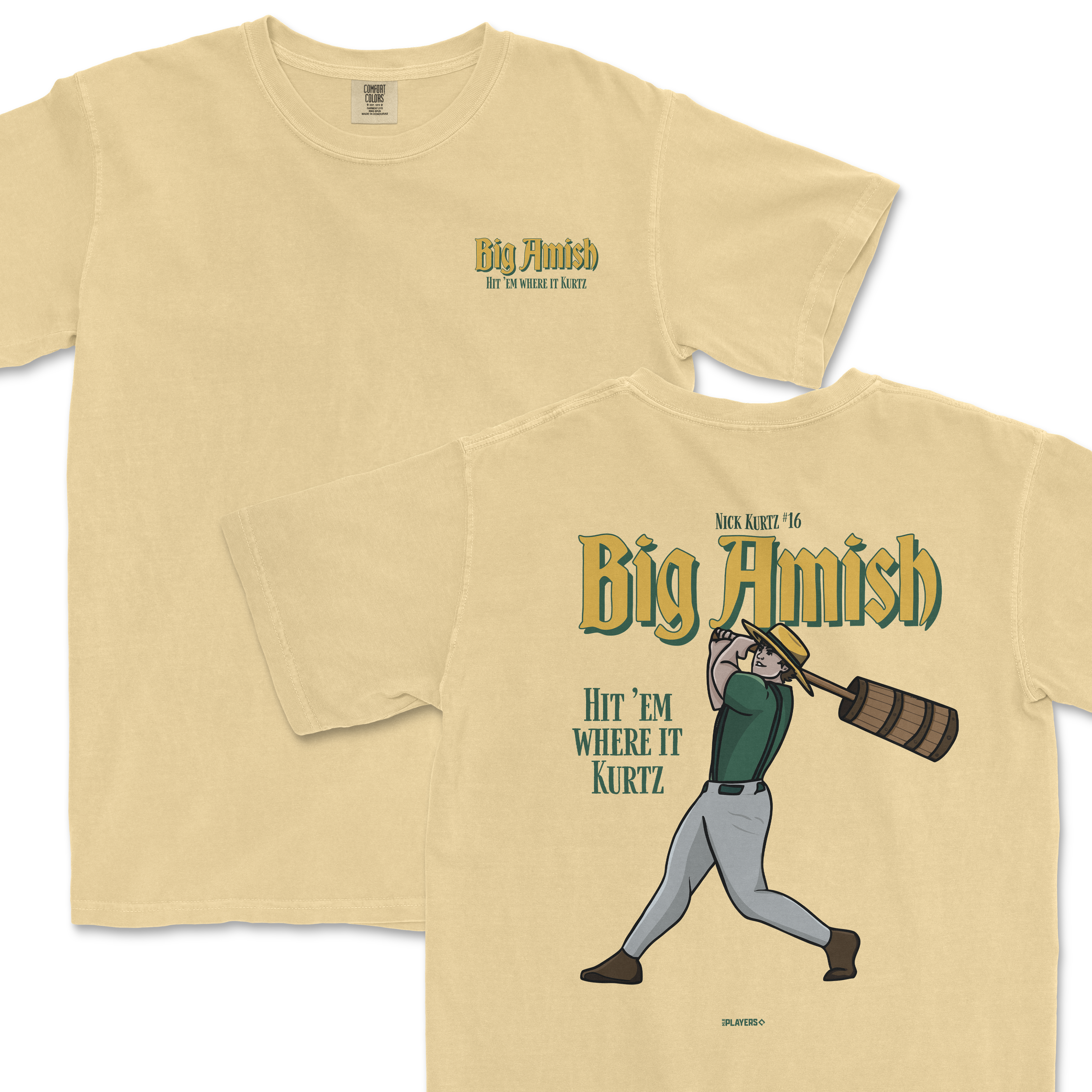 Light yellow t-shirt featuring "Big Amish" graphic and slogan on the back, showcasing a baseball player swinging a bat.
