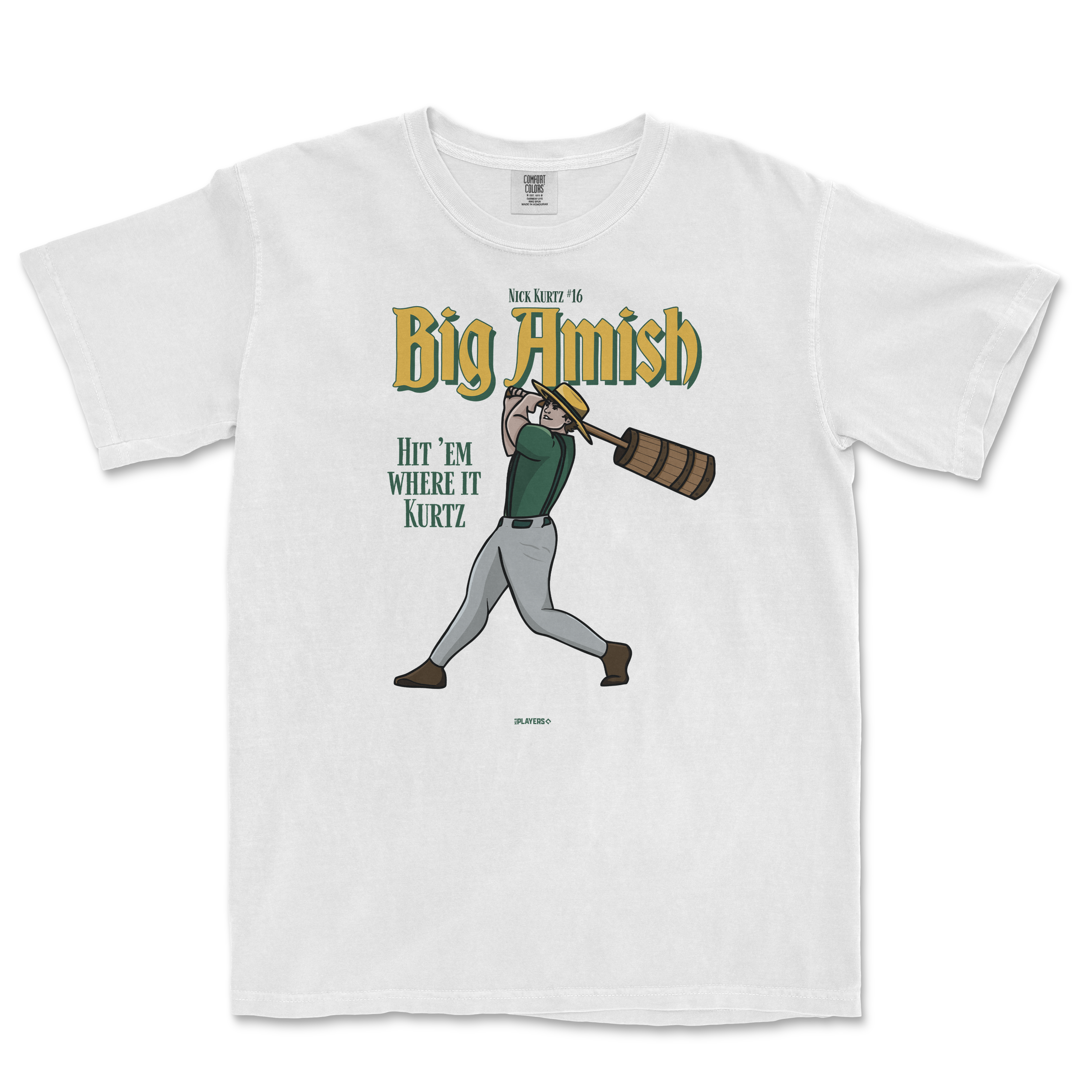 White t-shirt featuring a cartoon character swinging a bat, labeled "Big Amish" with the phrase "Hit 'em where it Kurtz.