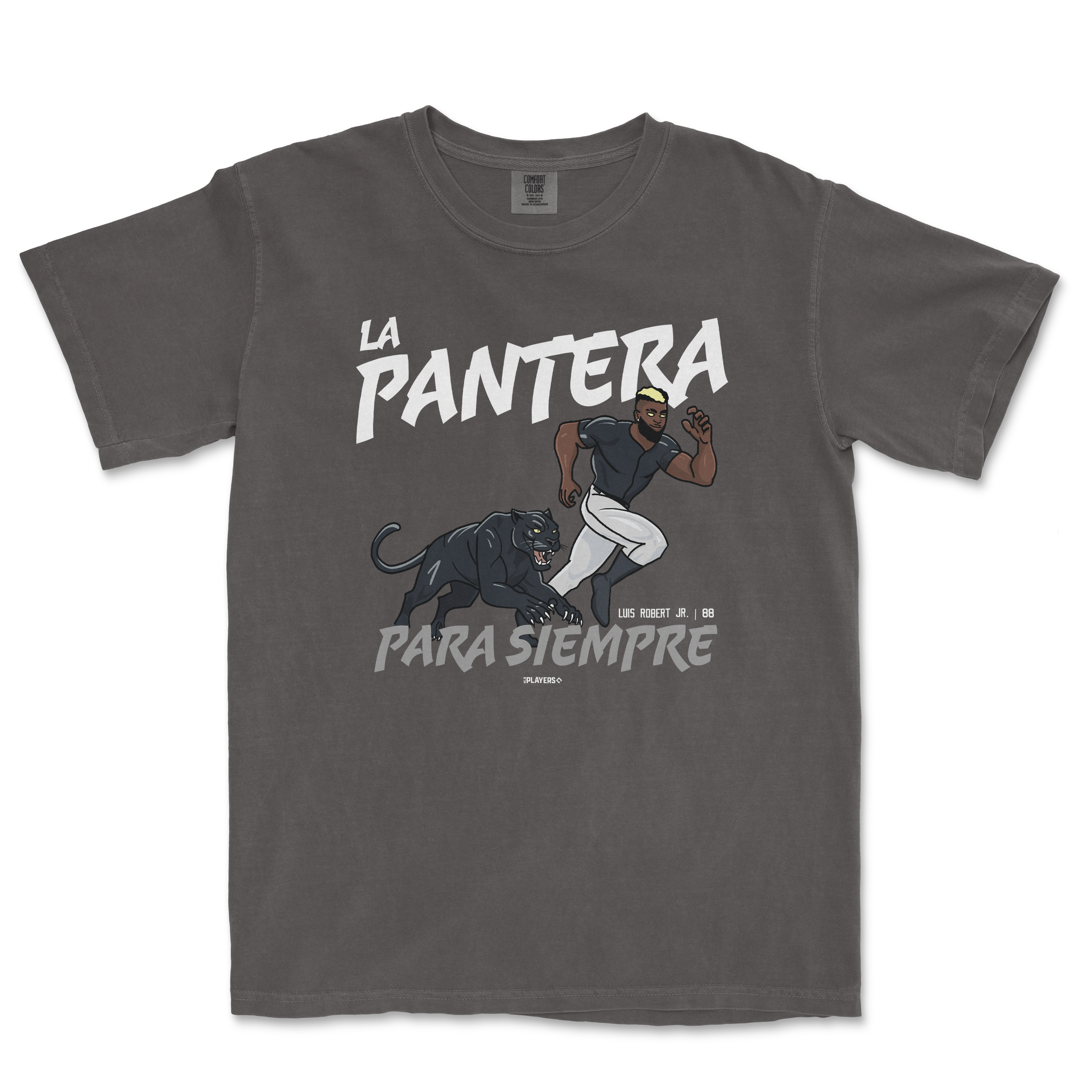 Gray t-shirt featuring "La Pantera" graphic with a running figure and a panther, celebrating sports heritage and style.