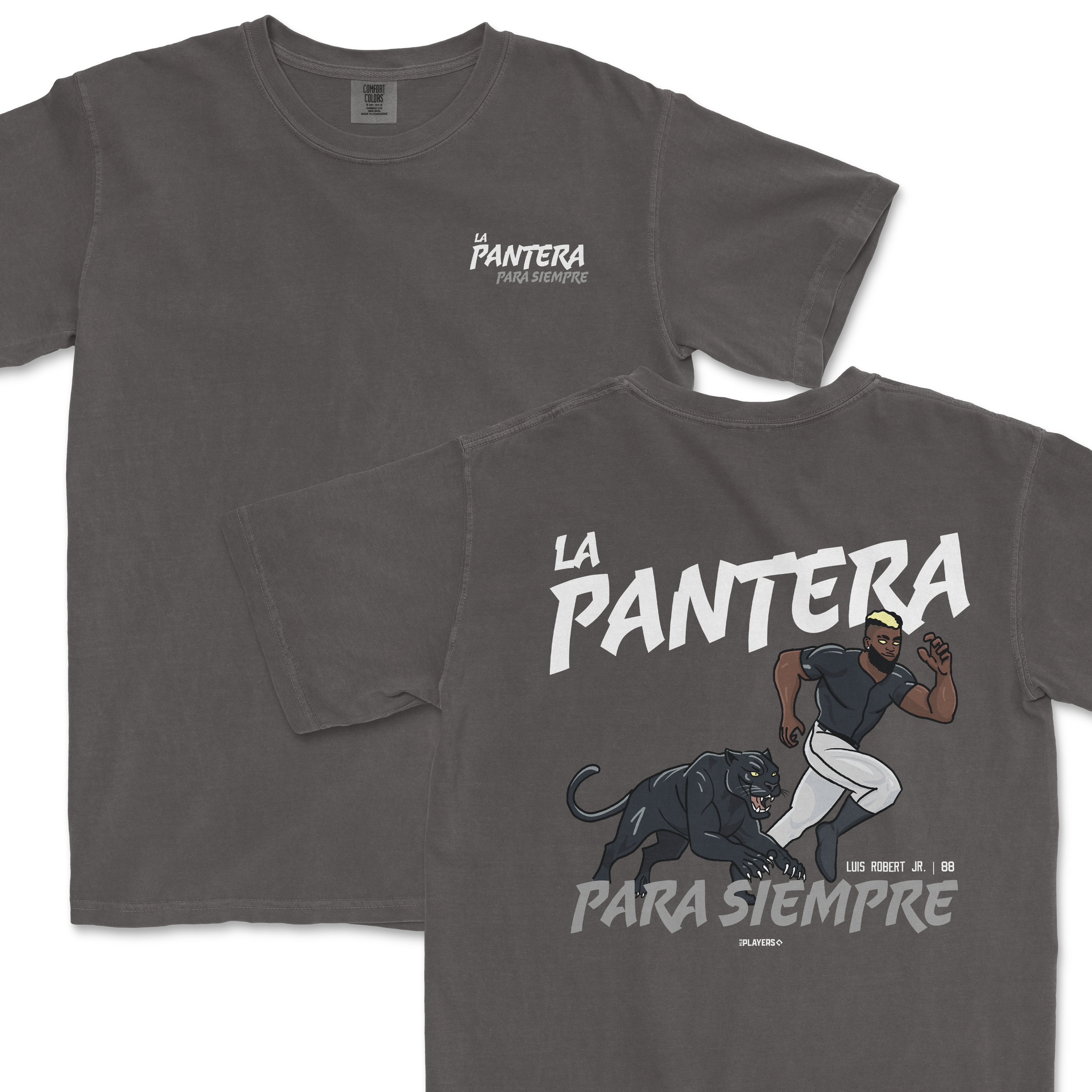Gray t-shirt featuring "La Pantera" graphic with a panther and athlete, showcasing a bold design for sports fans.