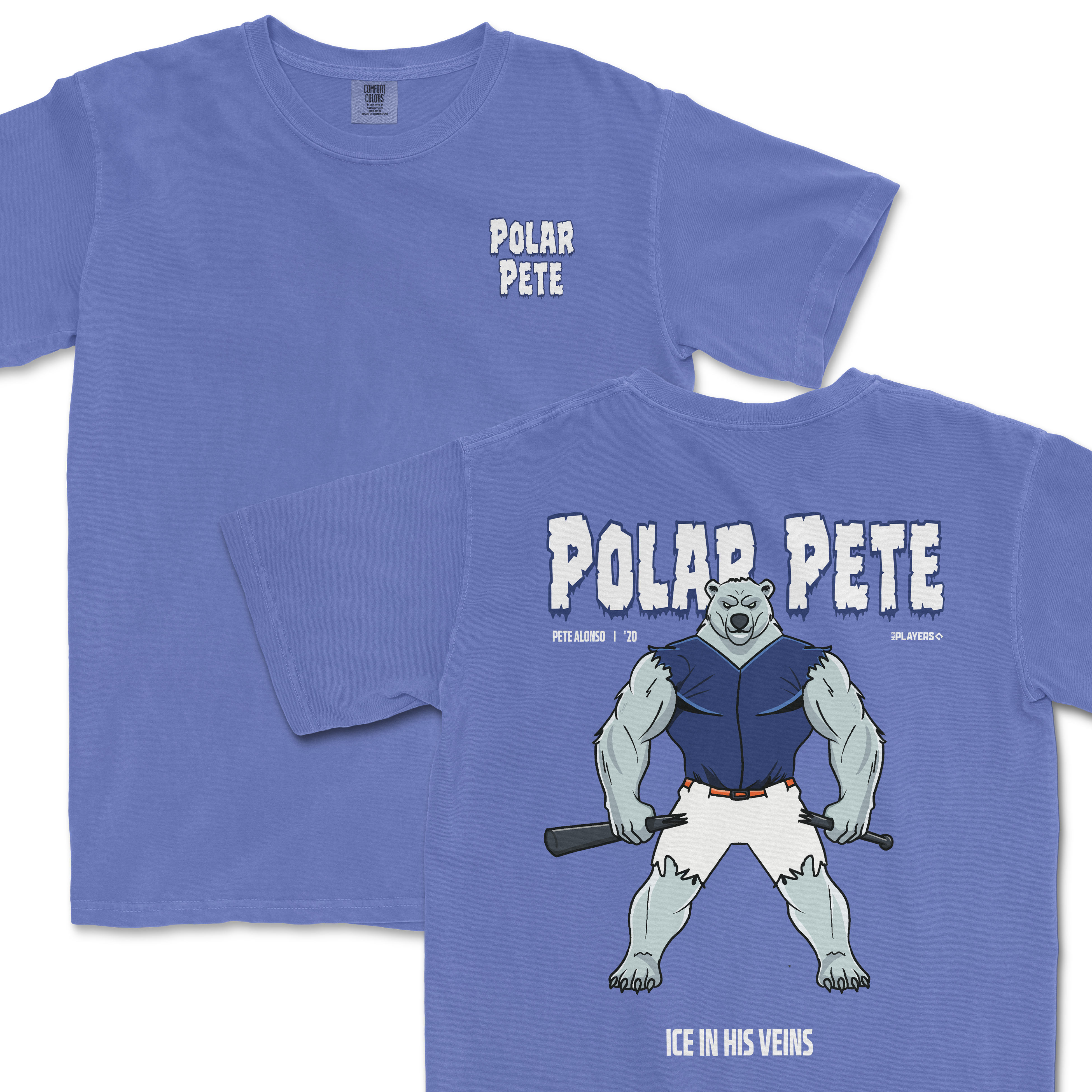 Light blue t-shirt featuring a muscular polar bear character named Polar Pete, with the text "ICE IN HIS VEINS" on the back.
