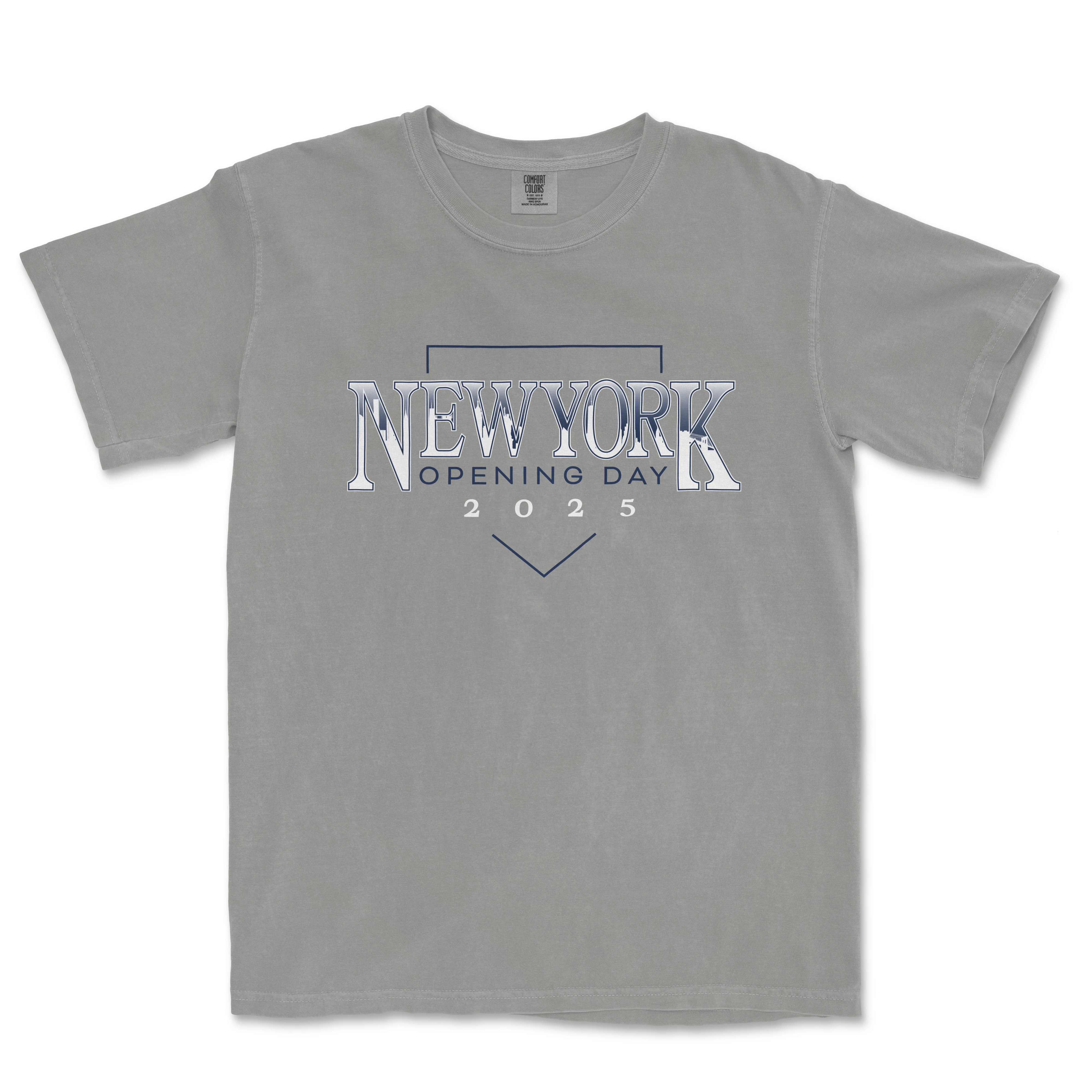 Gray T-shirt with "New York Opening Day 2025" text and graphic design celebrating the 2025 baseball season in New York.