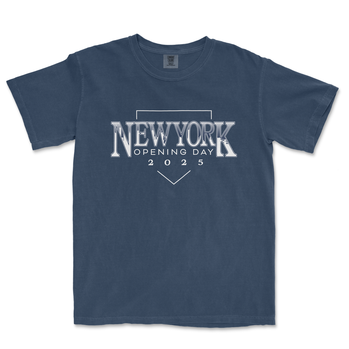 Blue T-shirt with "New York Opening Day 2025" graphic design in white and gray, celebrating the baseball season start.