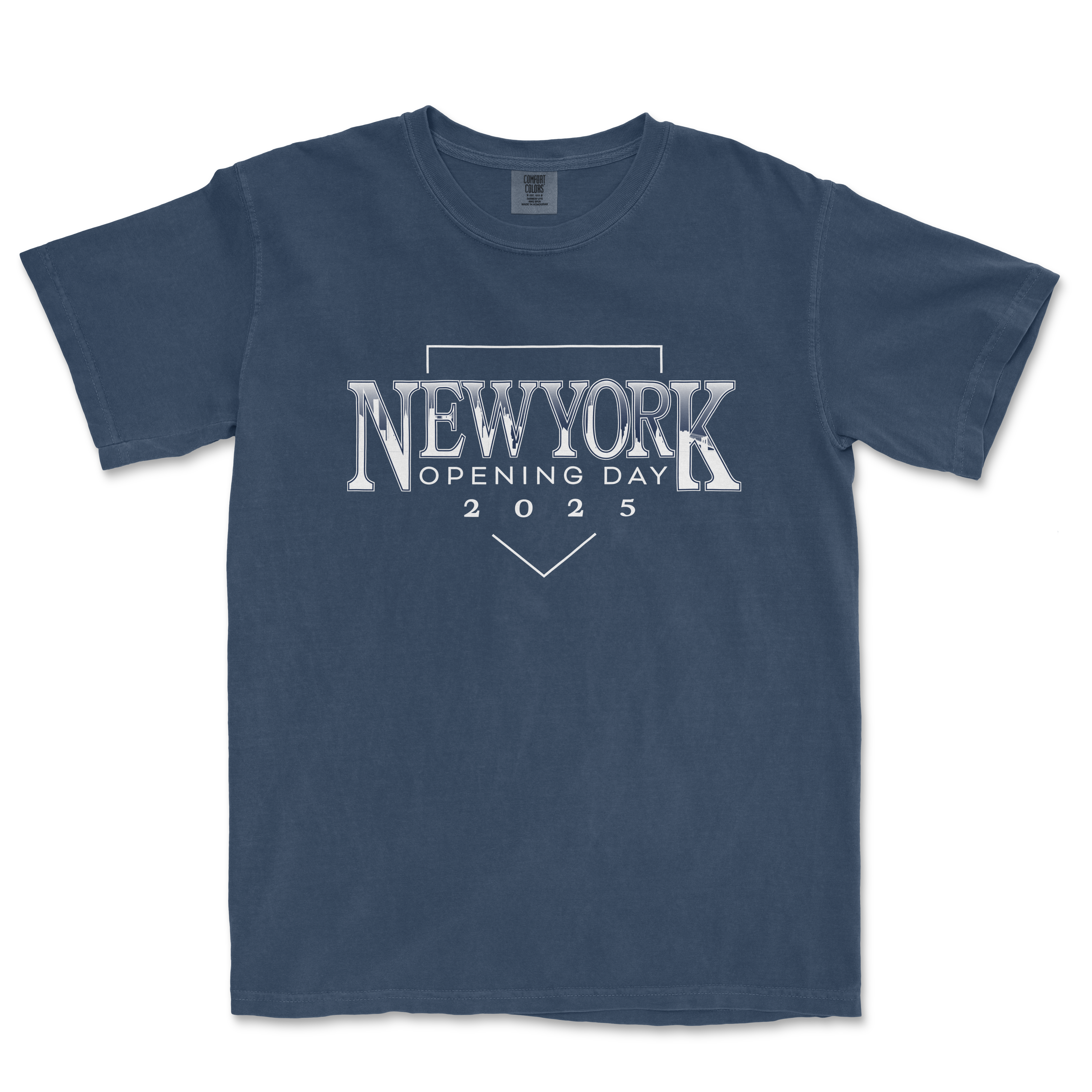 Blue T-shirt with "New York Opening Day 2025" graphic design in white and gray, celebrating the baseball season start.