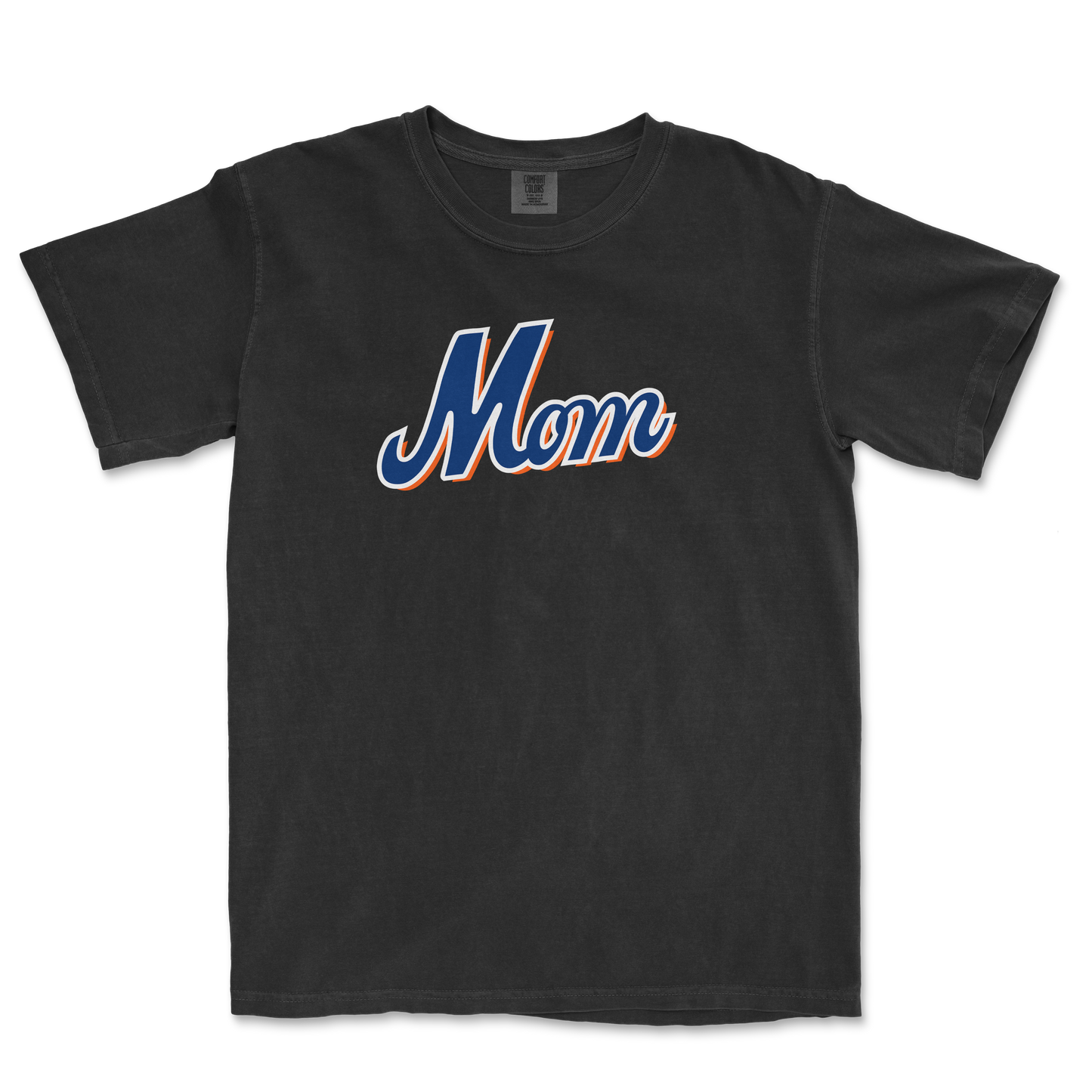 Black T-shirt with "Mom" written in bold, colorful script, celebrating Queens baseball moms.