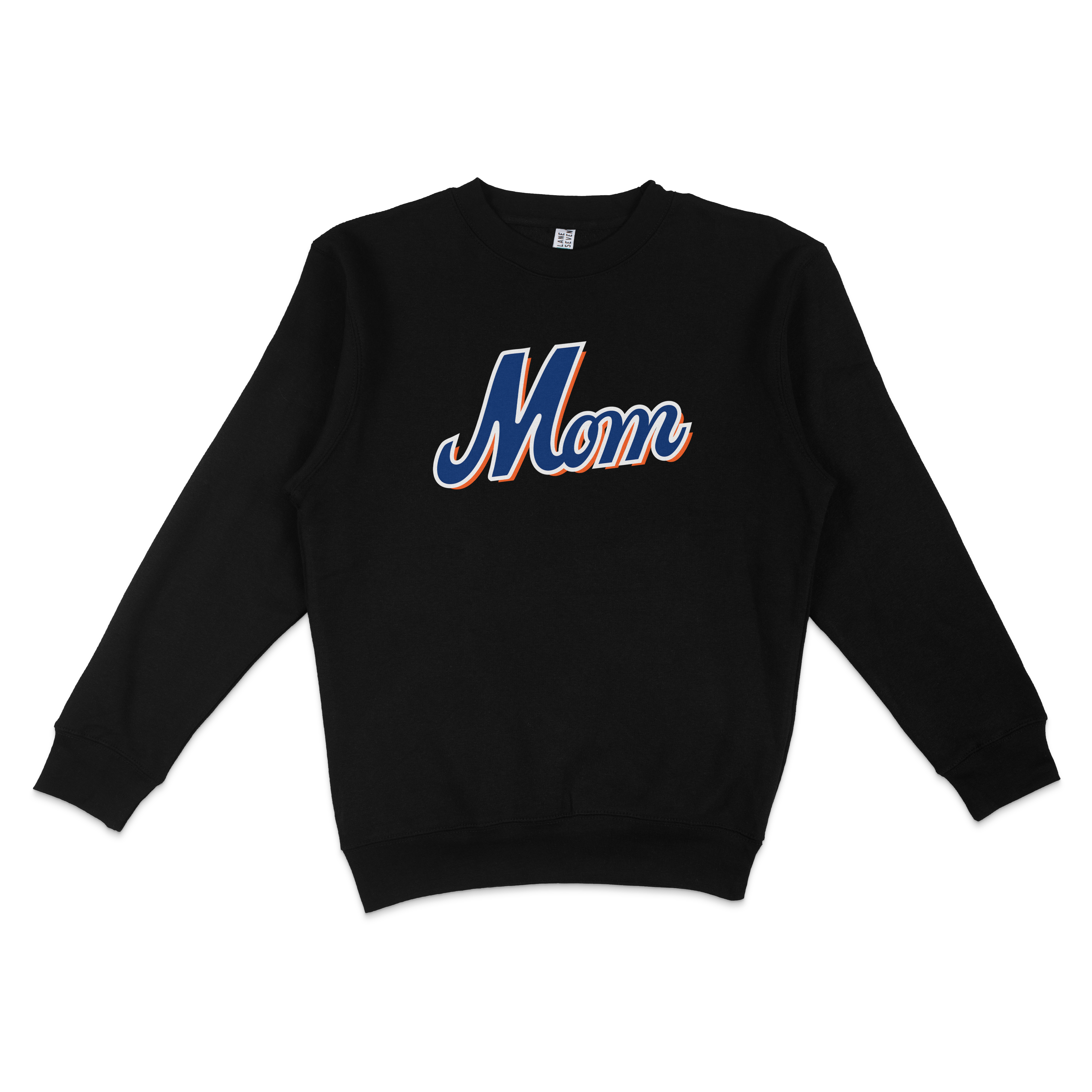 Black crewneck sweatshirt with "Mom" in bold, colorful script lettering, perfect for Queens baseball moms.