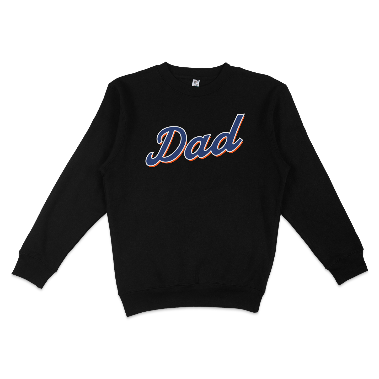 Black crewneck sweatshirt with "Dad" written in bold, colorful script font, perfect for Queens baseball dads.