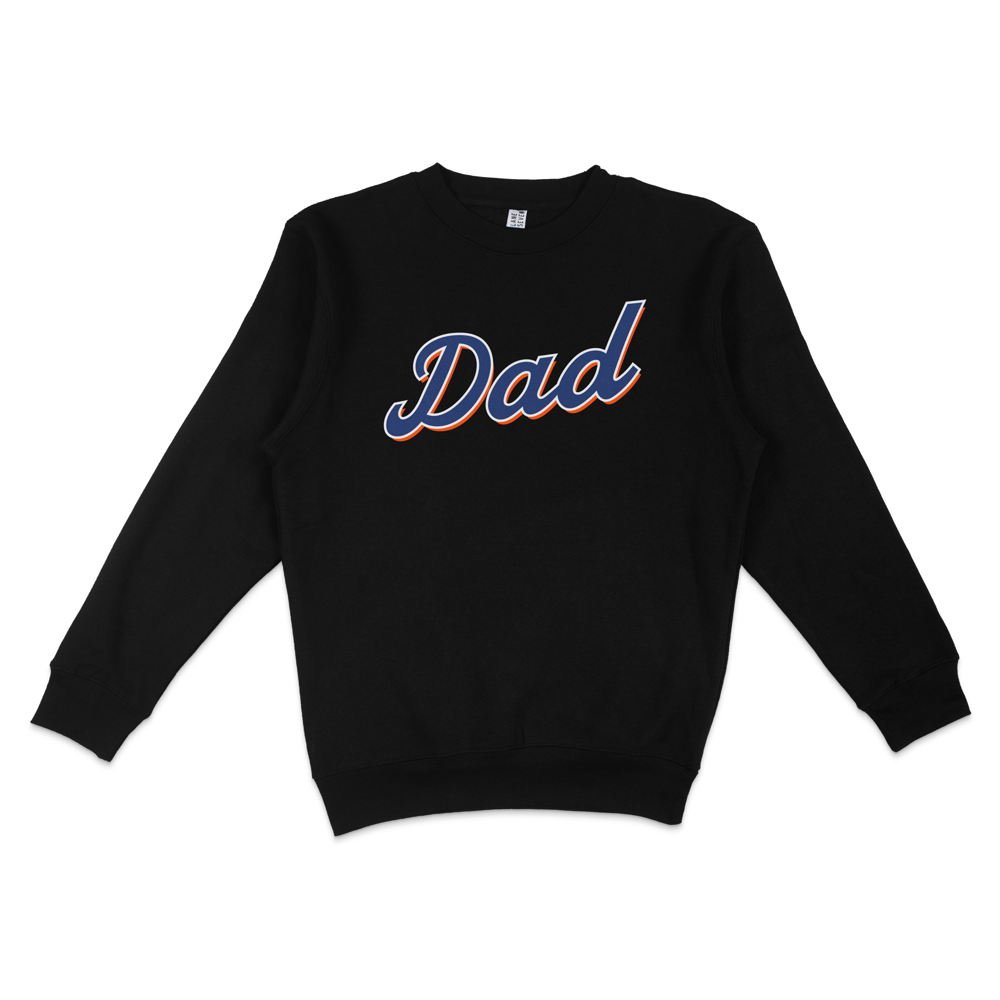 Black crewneck sweatshirt with "Dad" written in bold, colorful script font, perfect for Queens baseball dads.