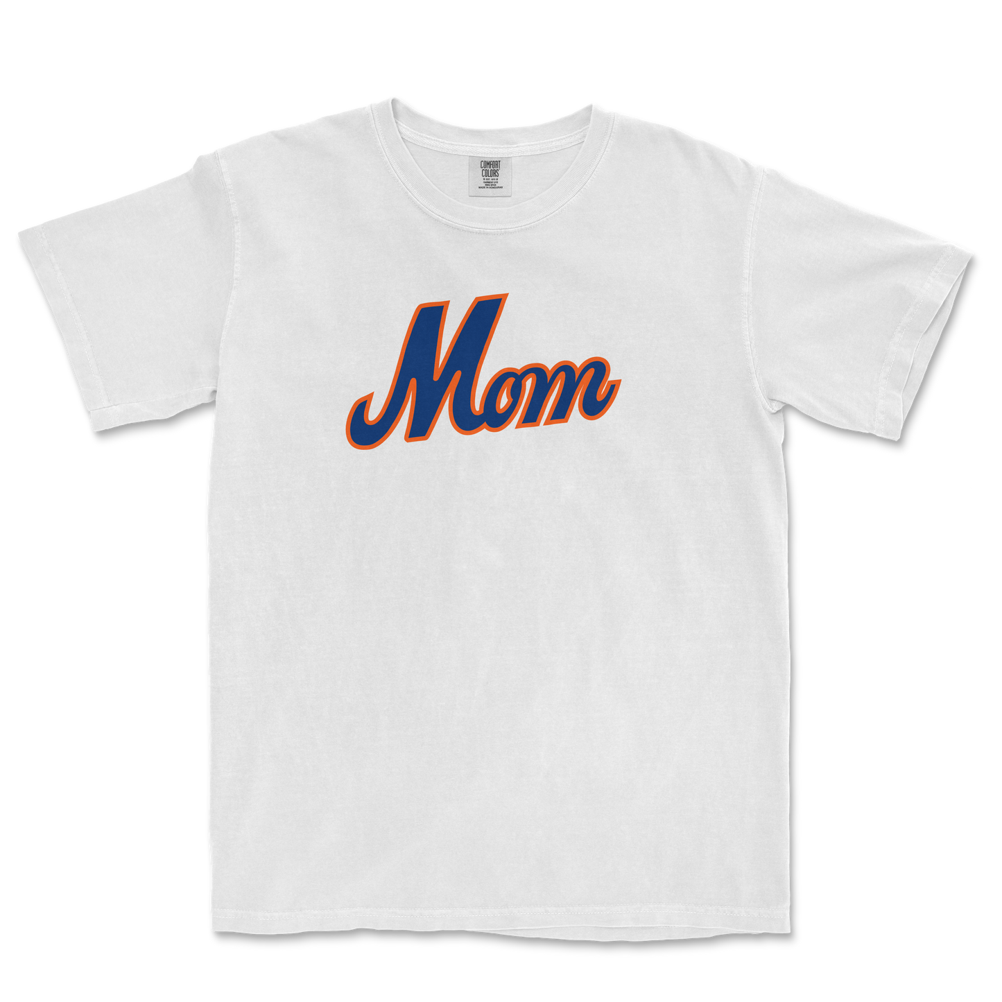 White T-shirt with "Mom" written in bold, blue and orange script across the front, celebrating Queens baseball moms.
