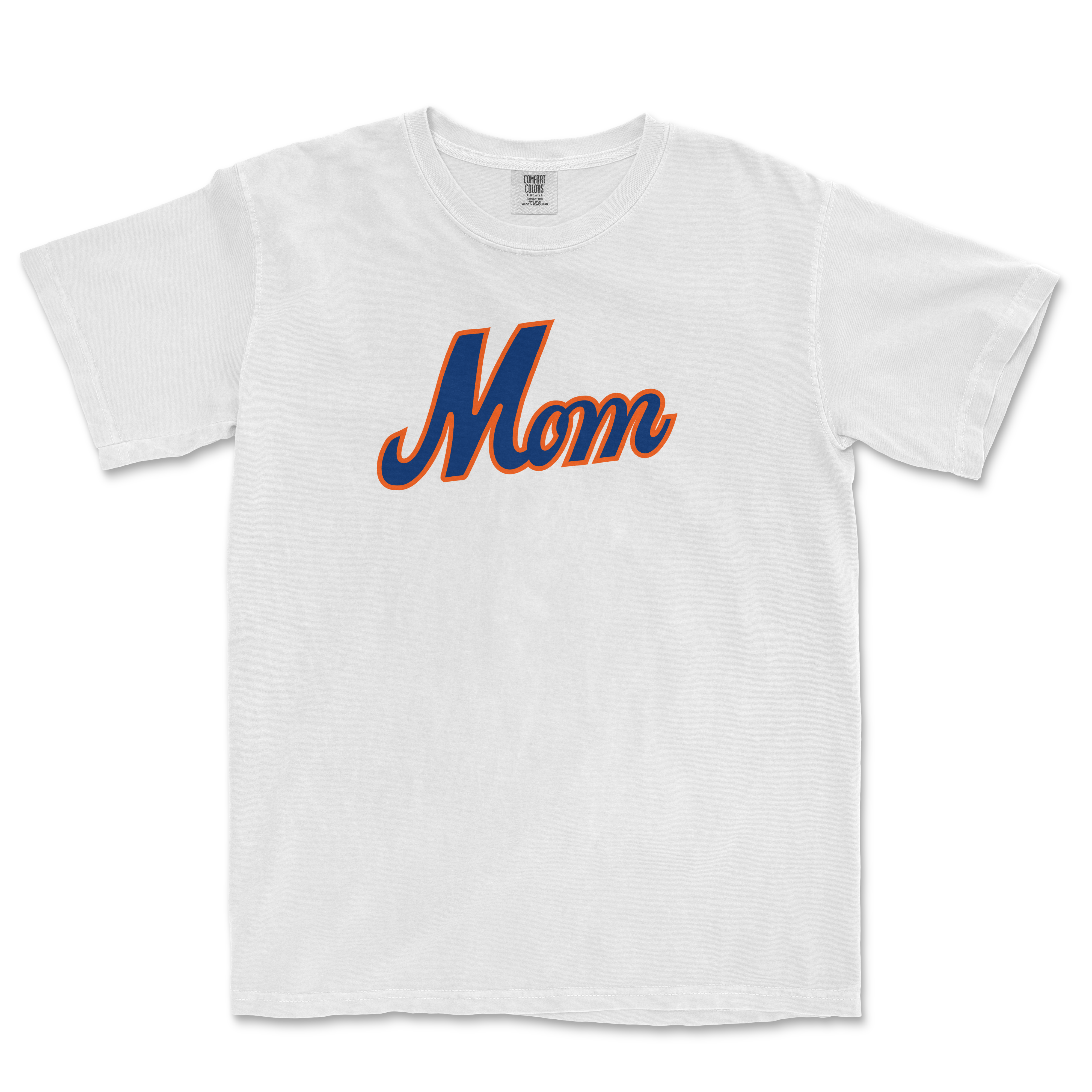 White T-shirt with "Mom" written in bold, blue and orange script across the front, celebrating Queens baseball moms.