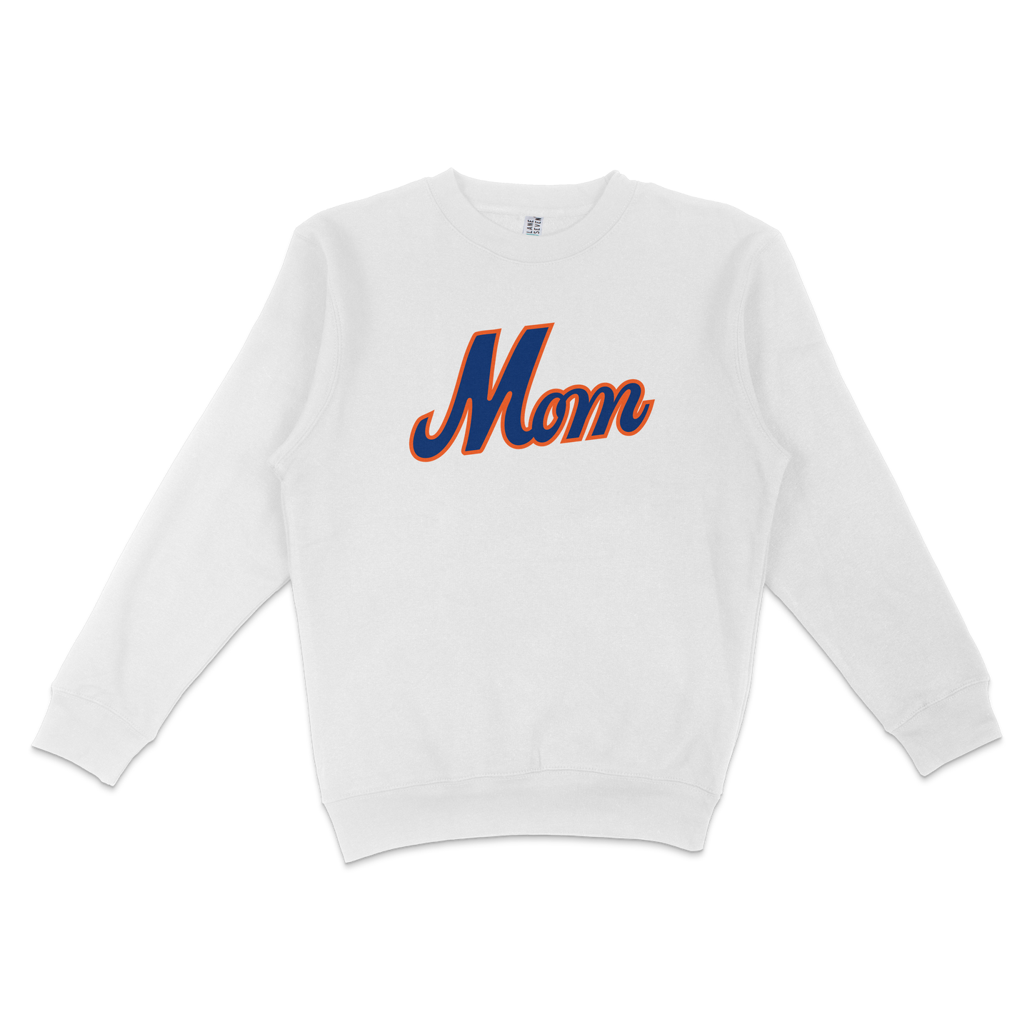 White sweatshirt with "Mom" written in bold, blue and orange script across the front, celebrating Queens Baseball Mom.