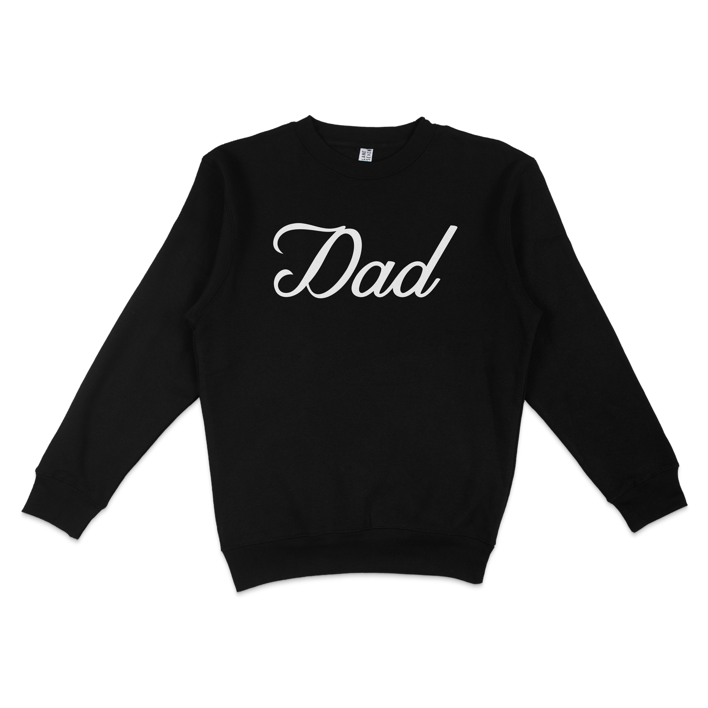 Black crewneck sweatshirt with "Dad" written in white cursive font on the front, designed for Bronx baseball dads.