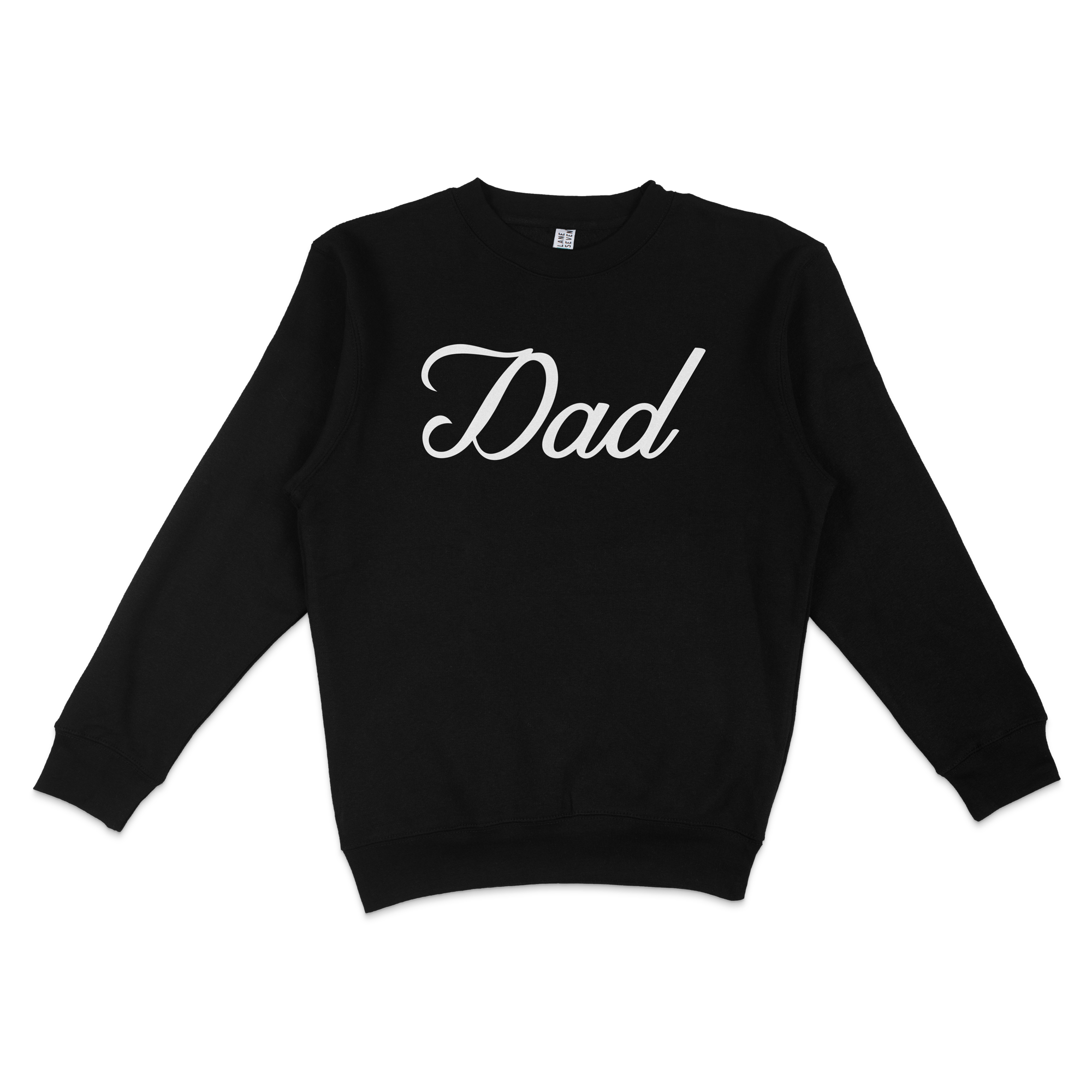 Black crewneck sweatshirt with "Dad" written in white cursive font on the front, designed for Bronx baseball dads.
