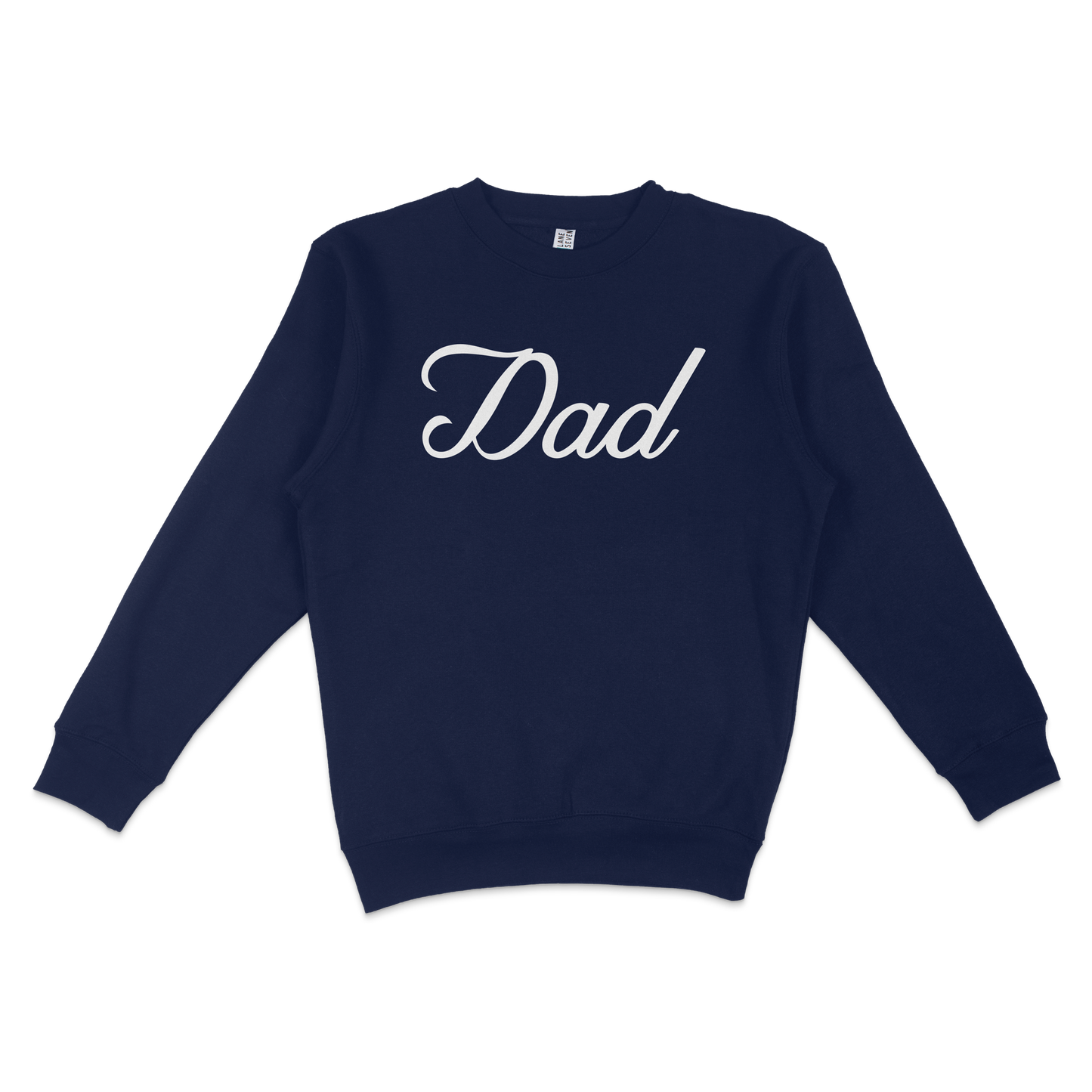 Navy crewneck sweatshirt with "Dad" written in white cursive text, designed for Bronx baseball dads.