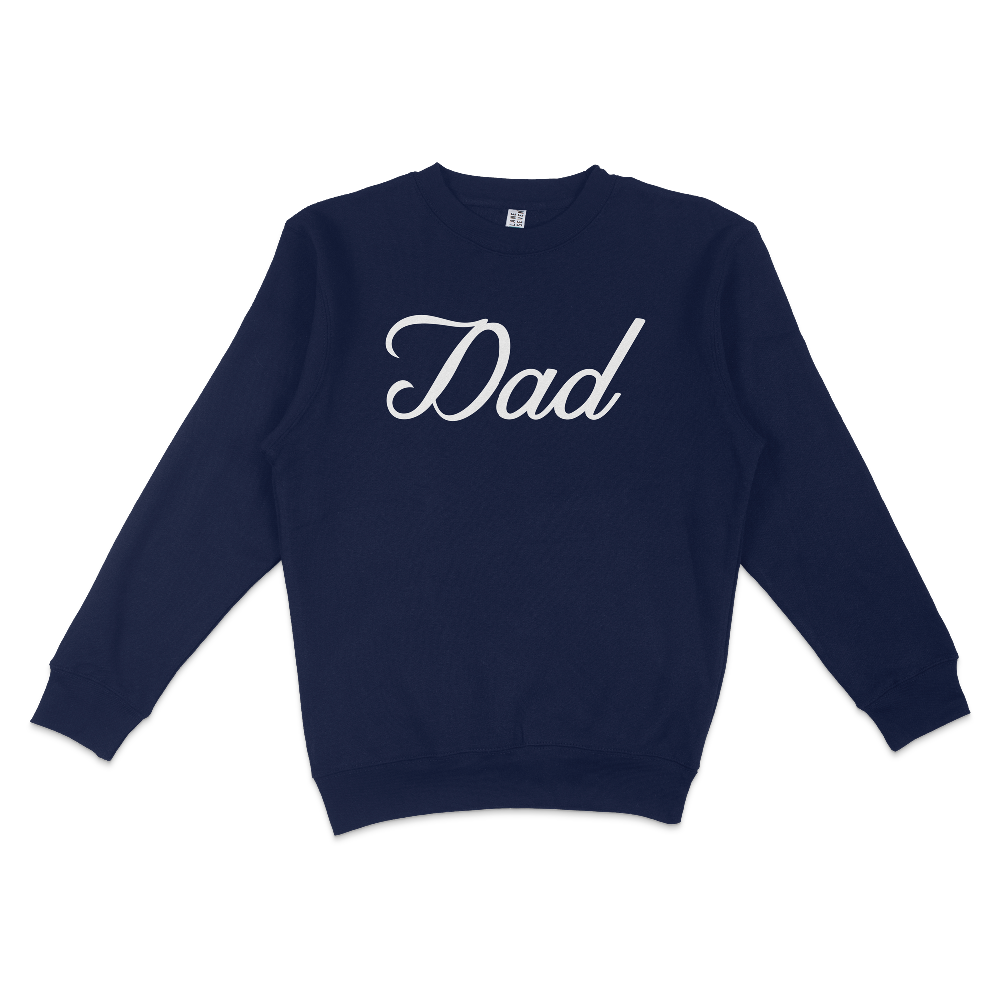 Navy crewneck sweatshirt with "Dad" written in white cursive text, designed for Bronx baseball dads.