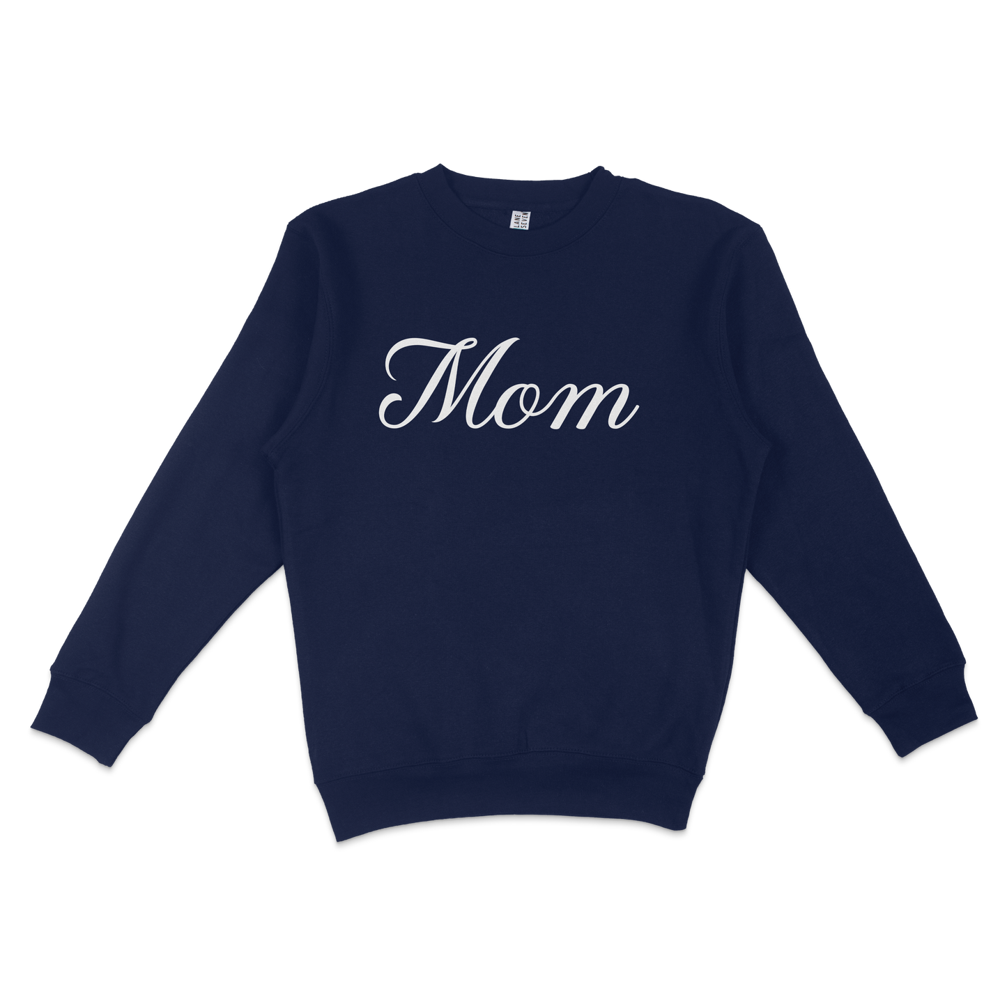 Navy crewneck sweatshirt with "Mom" written in white cursive text, designed for Bronx baseball moms.
