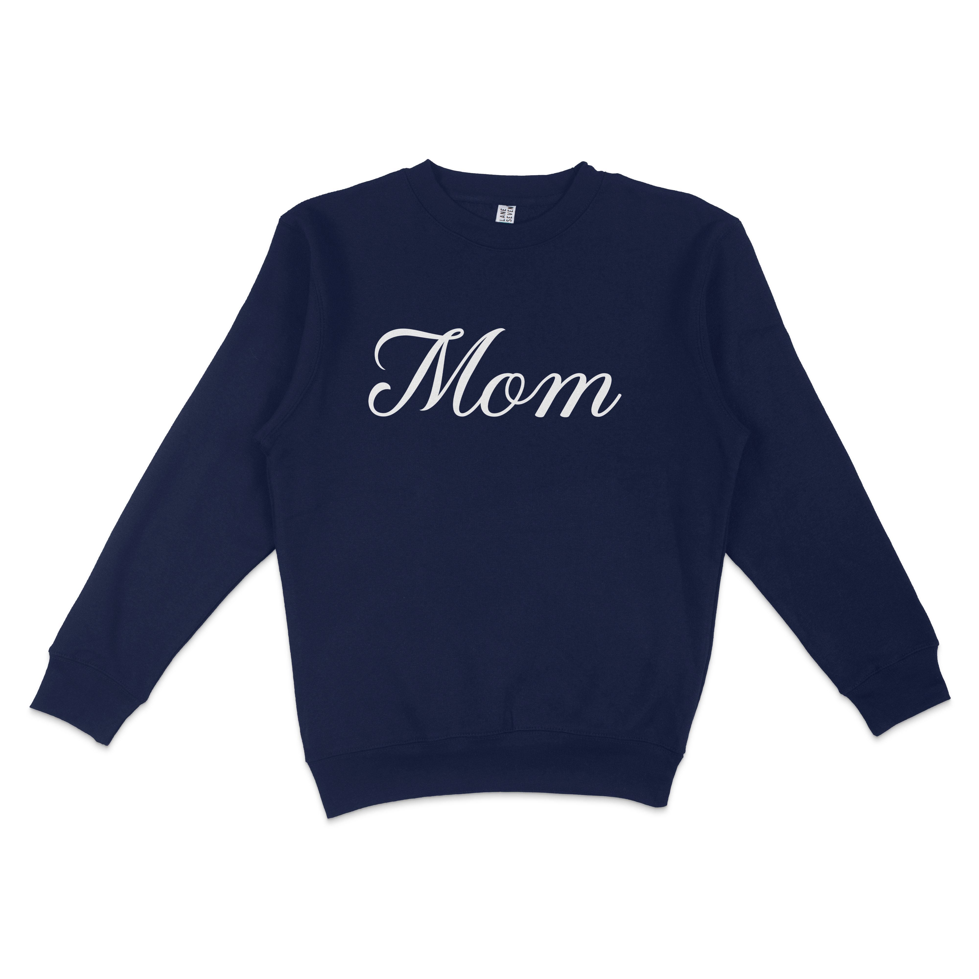 Navy crewneck sweatshirt with "Mom" written in white cursive text, designed for Bronx baseball moms.
