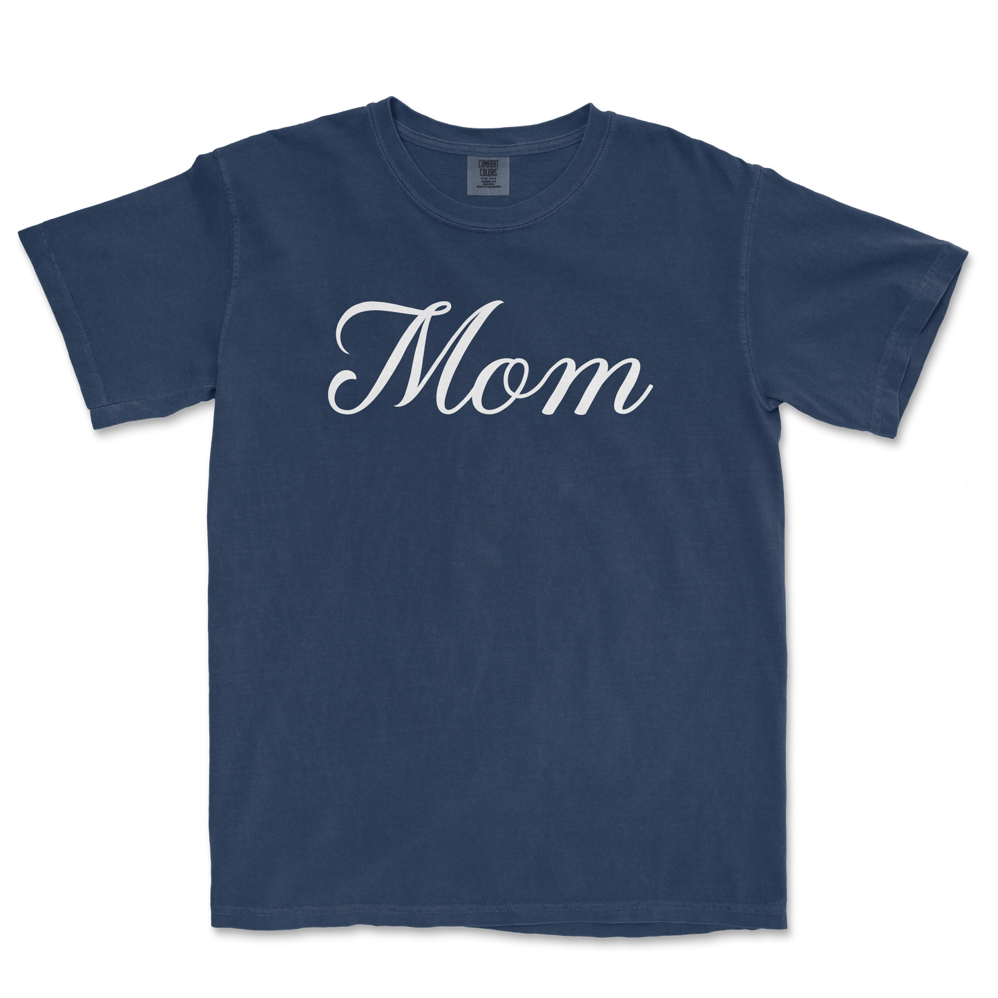 Comfort Colors blue T-shirt with white "Mom" text in elegant script, celebrating a Bronx baseball mom.