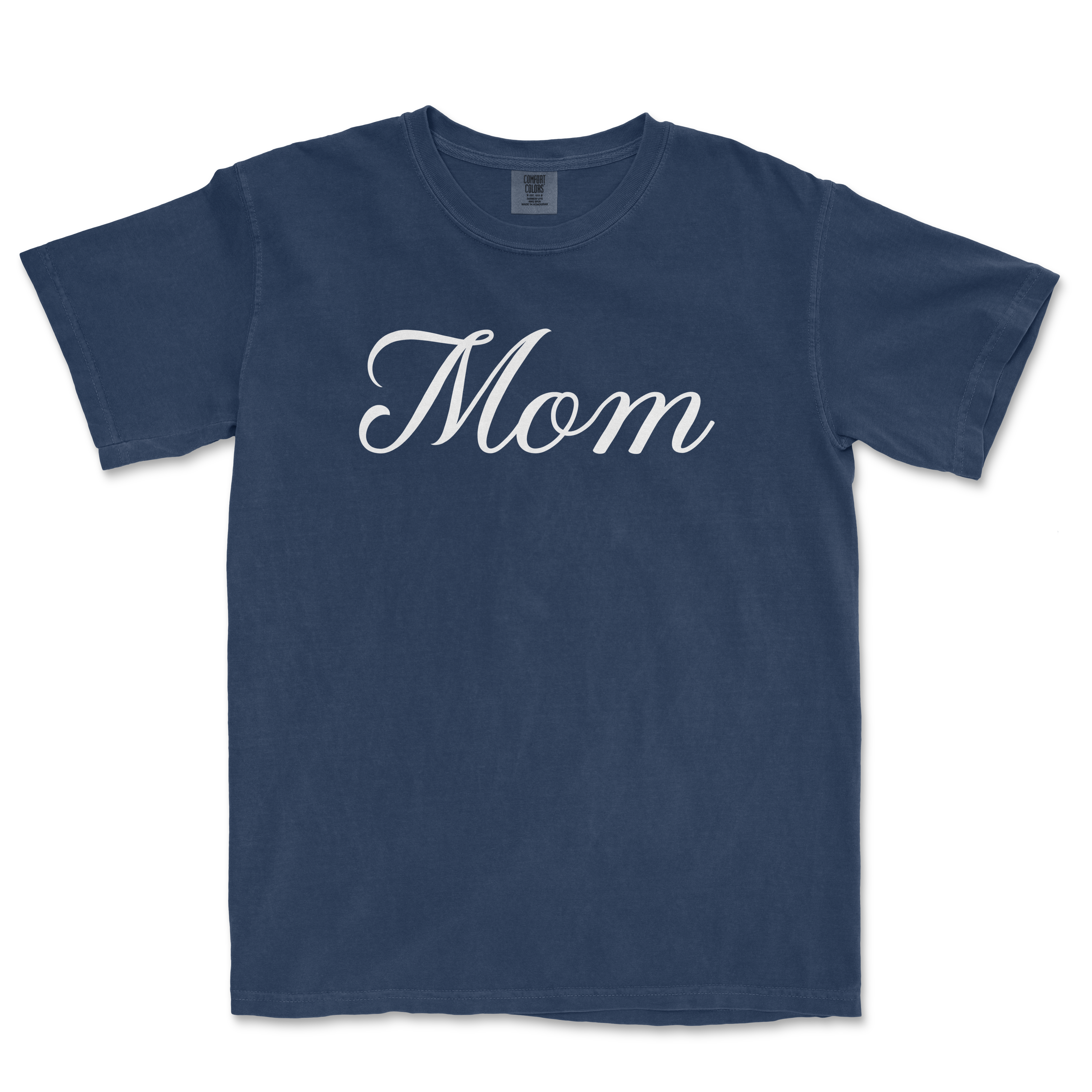 Comfort Colors blue T-shirt with white "Mom" text in elegant script, celebrating a Bronx baseball mom.