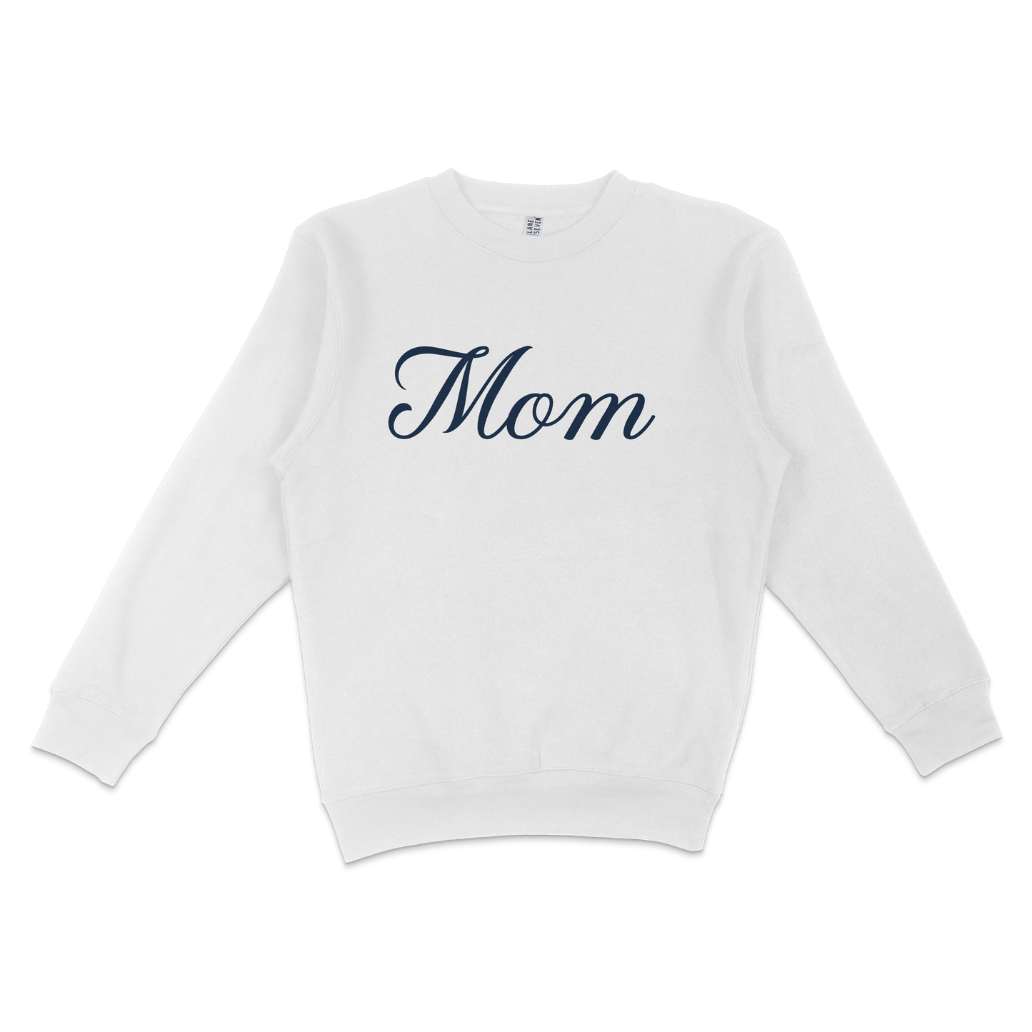 White crewneck sweatshirt with "Mom" written in elegant navy script across the front, designed for Bronx baseball moms.