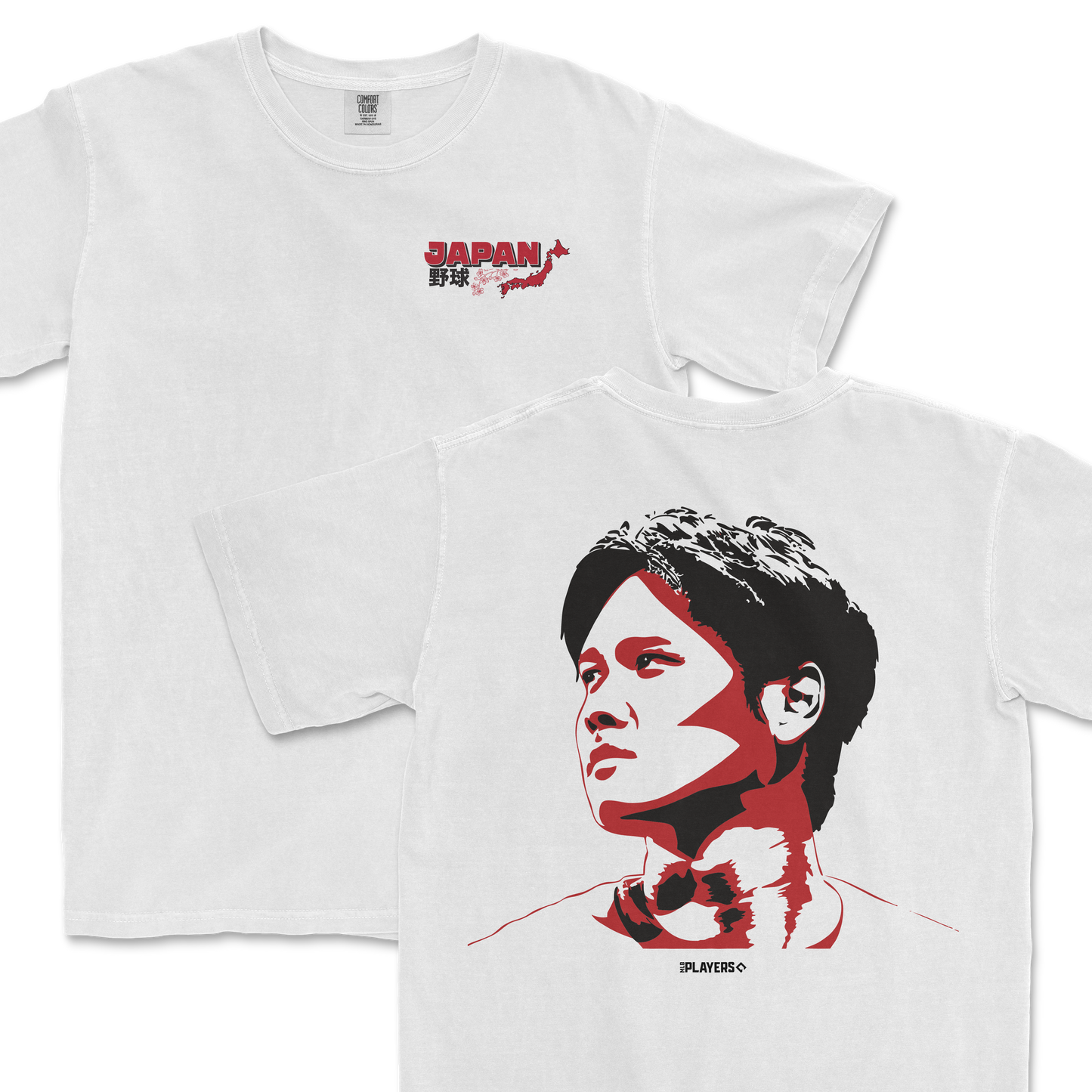 White T-shirt featuring a stylized portrait of Shohei Ohtani with Japanese flag elements on the back, and "JAPAN" text with a map outline on the front.