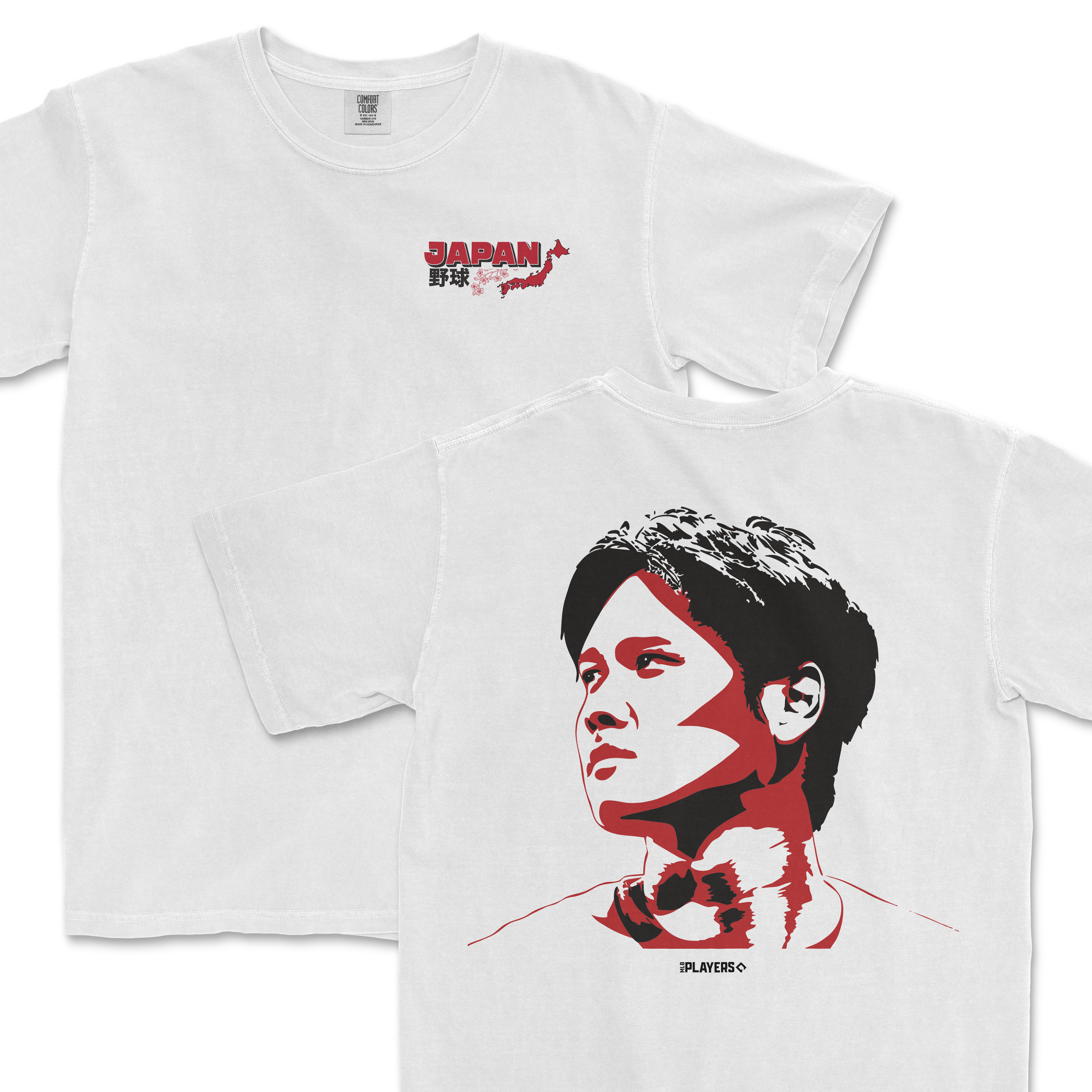 White T-shirt featuring a stylized portrait of Shohei Ohtani with Japanese flag elements on the back, and "JAPAN" text with a map outline on the front.
