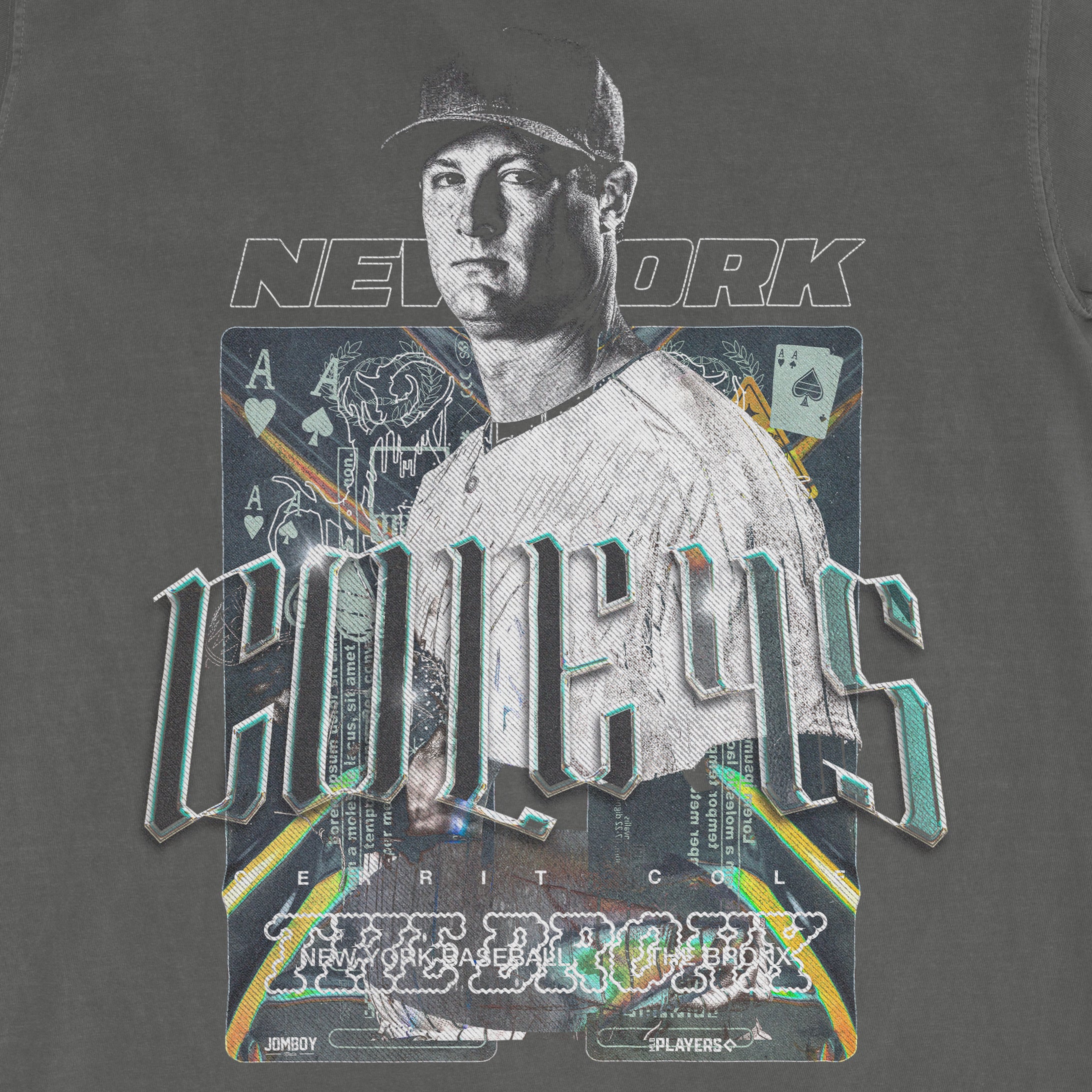 Comfort Colors tee featuring a graphic design of a person with "CHICAGO" text, playing cards, and "NEW YORK" lettering on a dark background.
